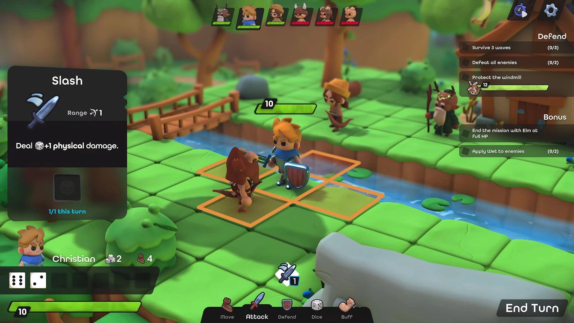 Dobbel Dungeon: Christian engages enemy on grid with action menu and objectives list displayed