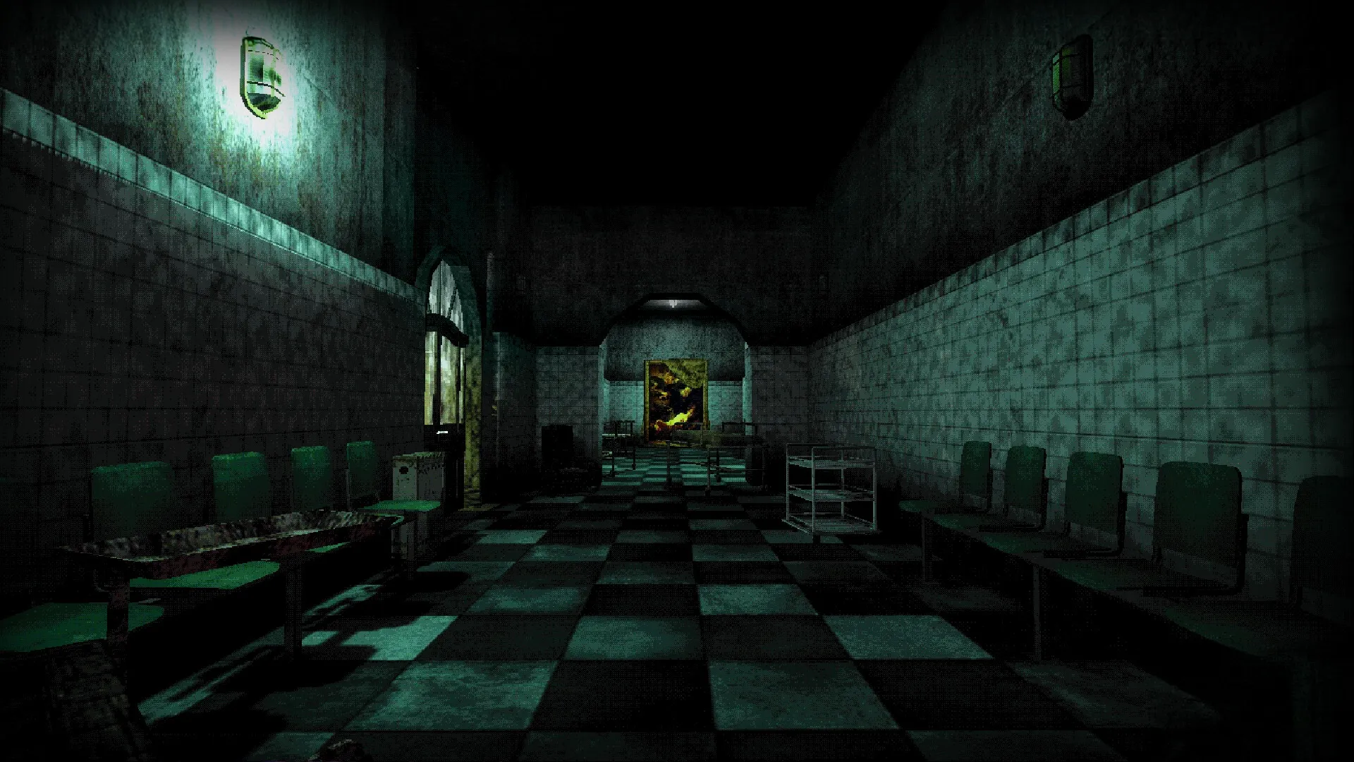 DOCTOR VISCERA: Dimly lit hallway with green chairs and checkered floor in an eerie abandoned asylum