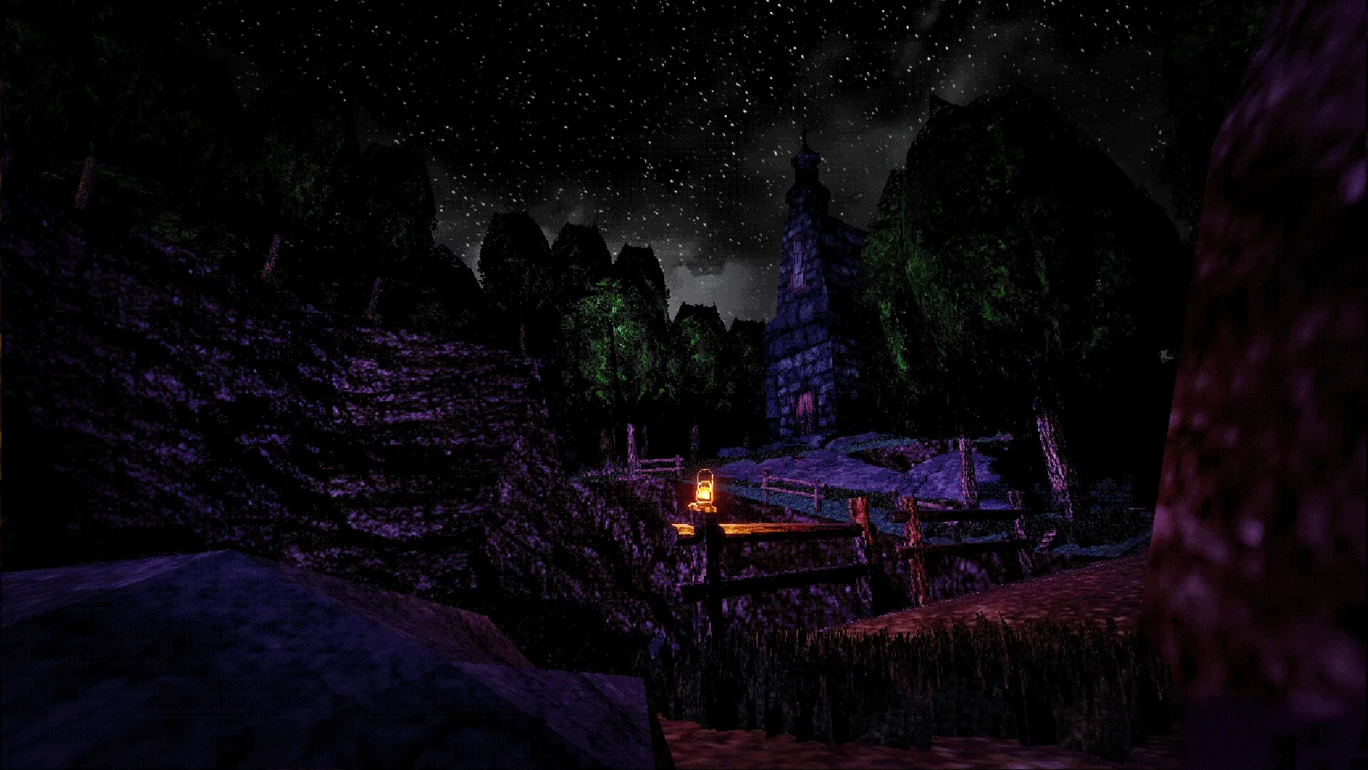 DOCTOR VISCERA: Nighttime view of eerie forest path with lantern light and distant asylum building