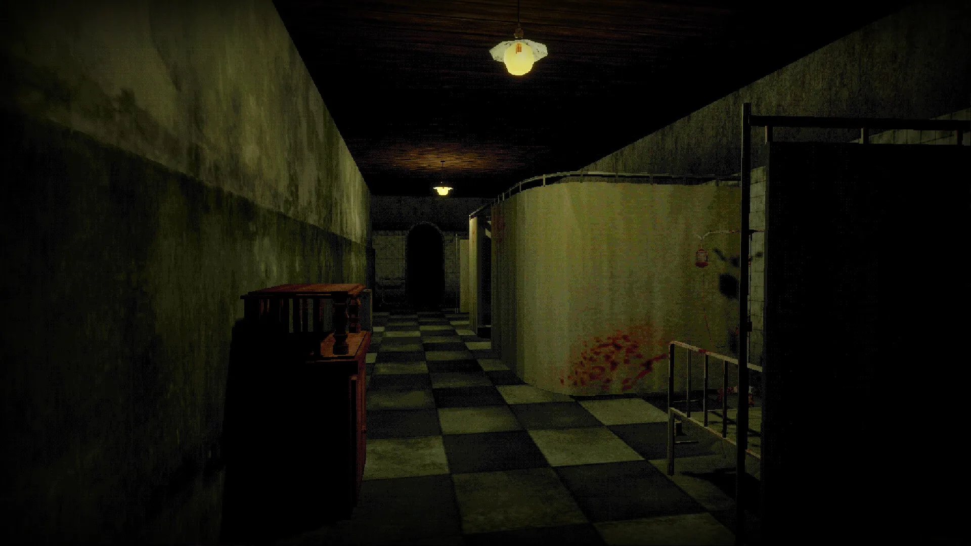 DOCTOR VISCERA: Dimly lit hallway with bloodstained walls and old hospital bed in GrimmHaus Asylum