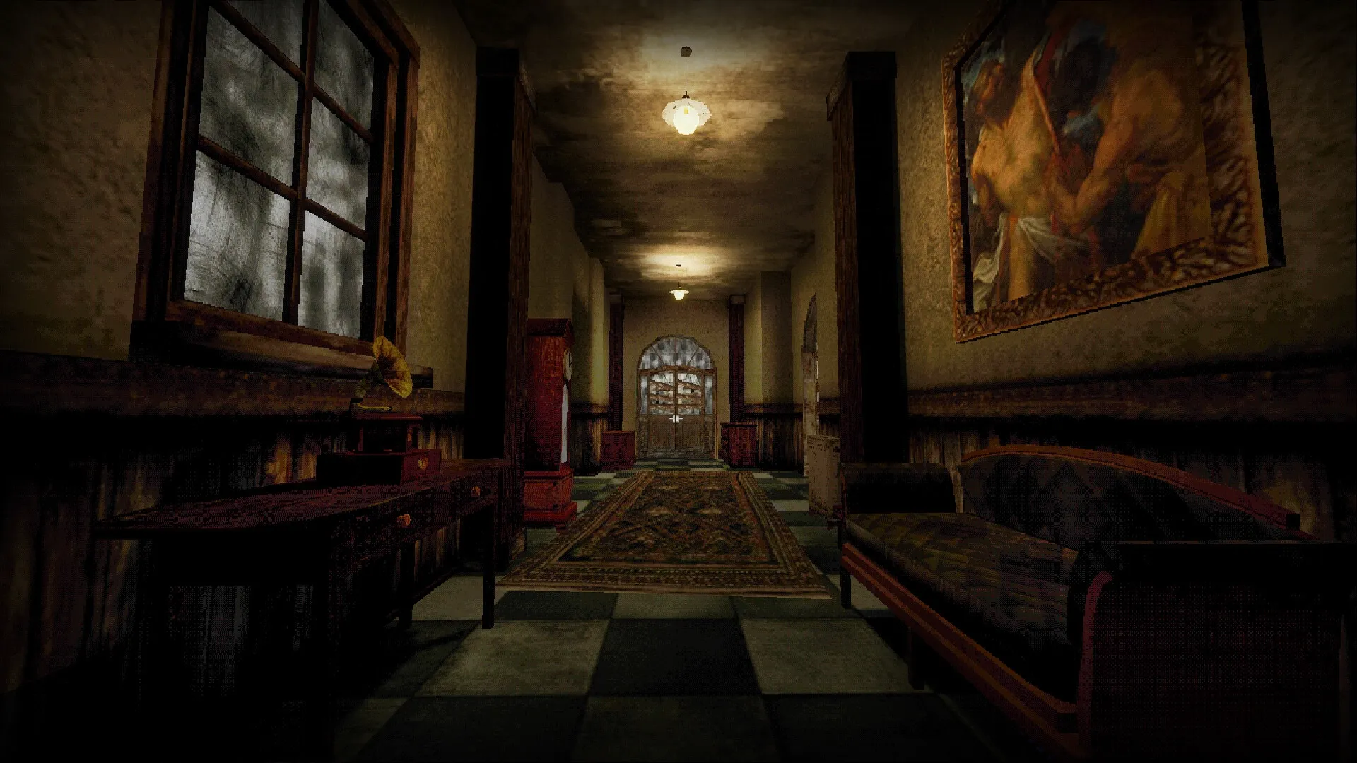 DOCTOR VISCERA: Dimly lit hallway with vintage furniture and eerie paintings in GrimmHaus Asylum