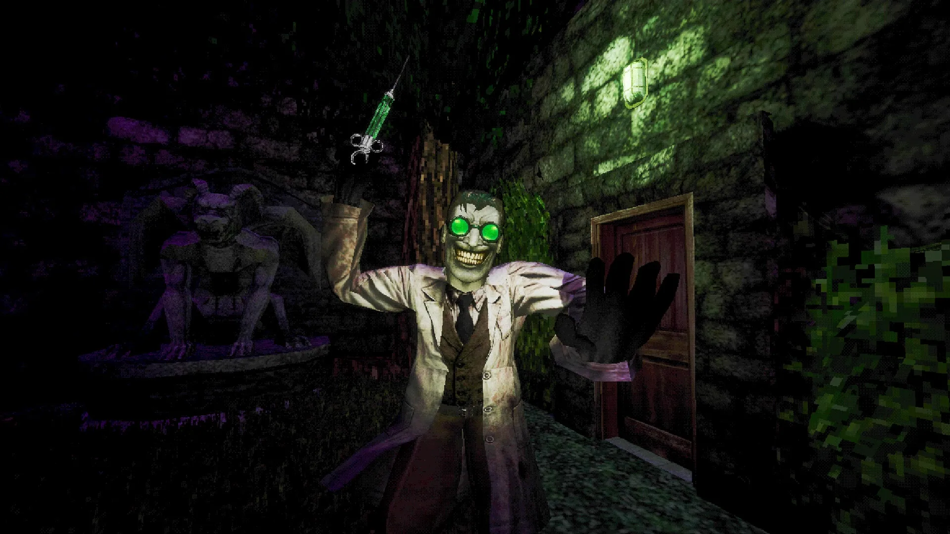 DOCTOR VISCERA: Grinning doctor holding syringe lurks in dark stone corridor with eerie lighting