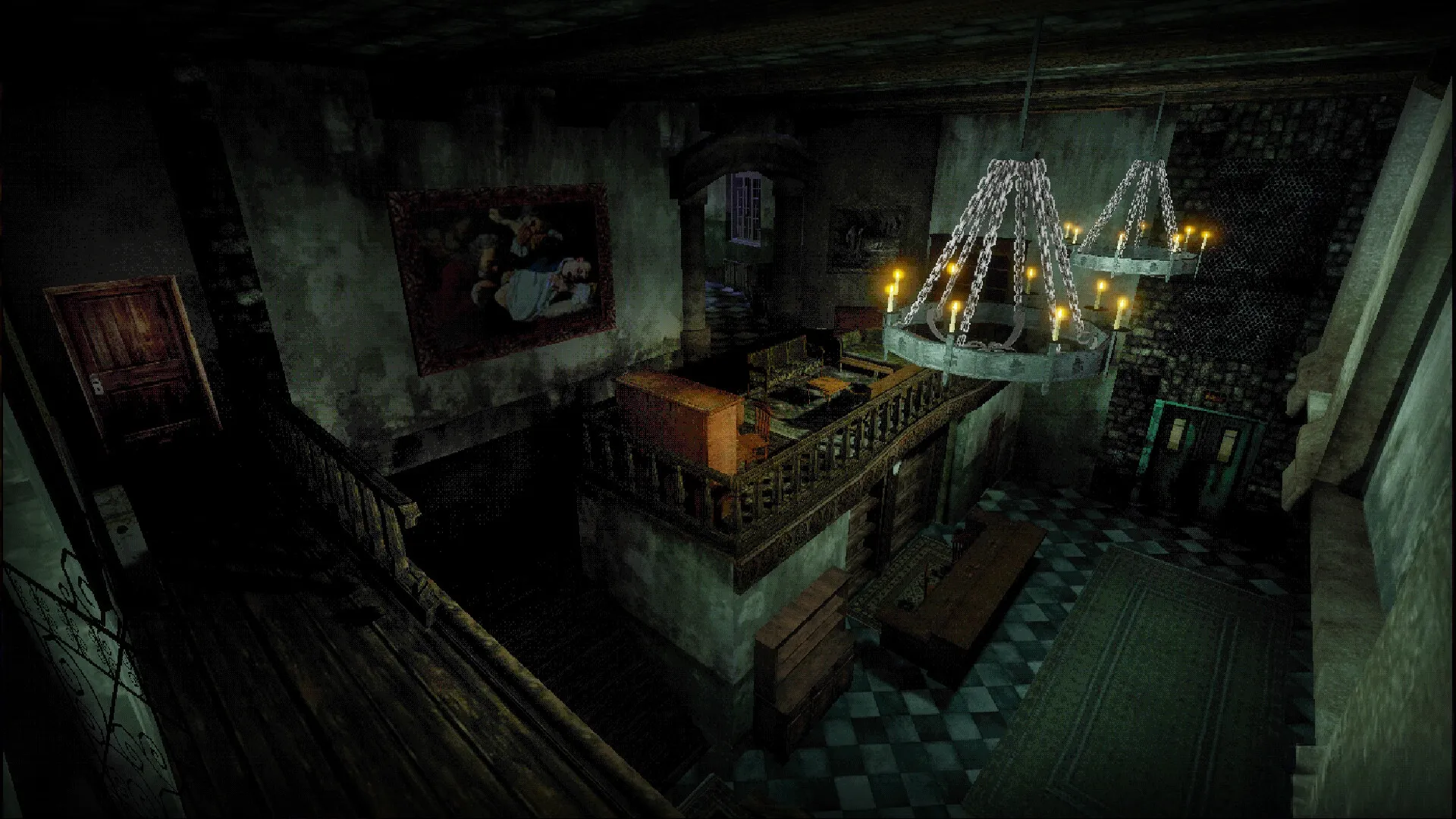 DOCTOR VISCERA: Dimly lit asylum hallway with eerie chandeliers and a staircase leading to a closed door