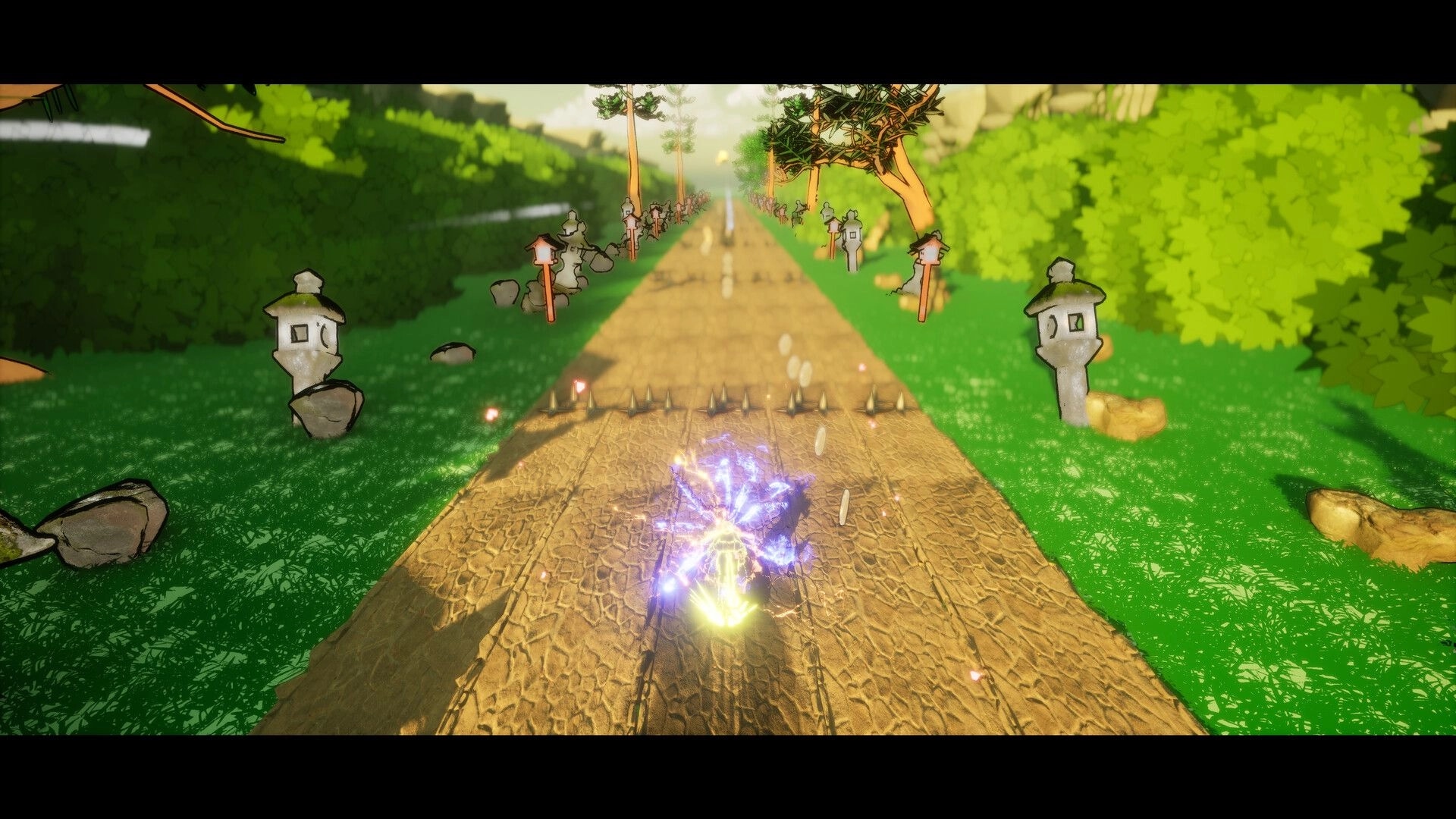 DODGE-AND-RUN!: Ninja dashes with lightning aura past spike trap on lantern-lined forest road.