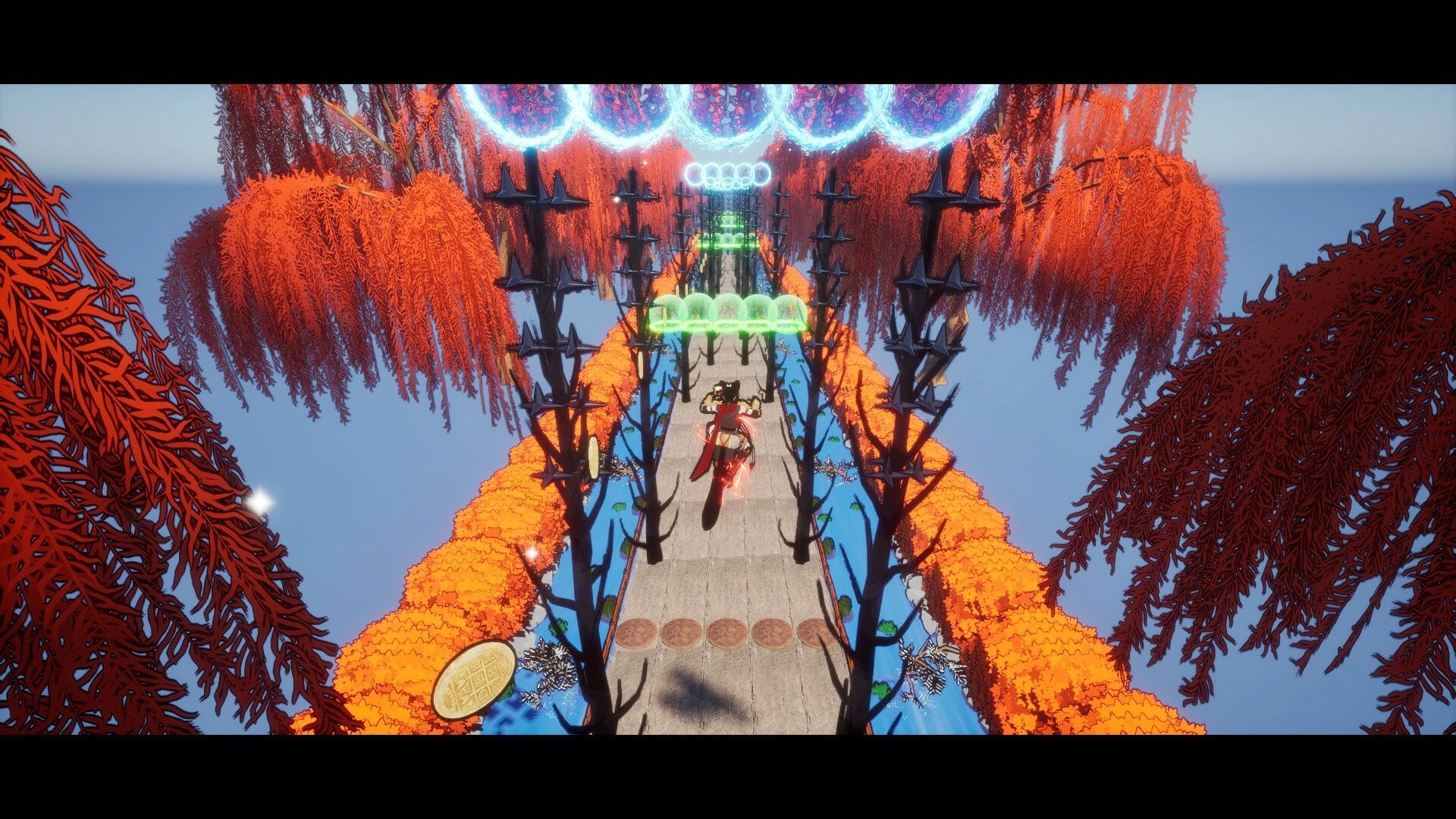 DODGE-AND-RUN!: Ninja sprinting along a narrow bridge past glowing rings in autumn treetops.