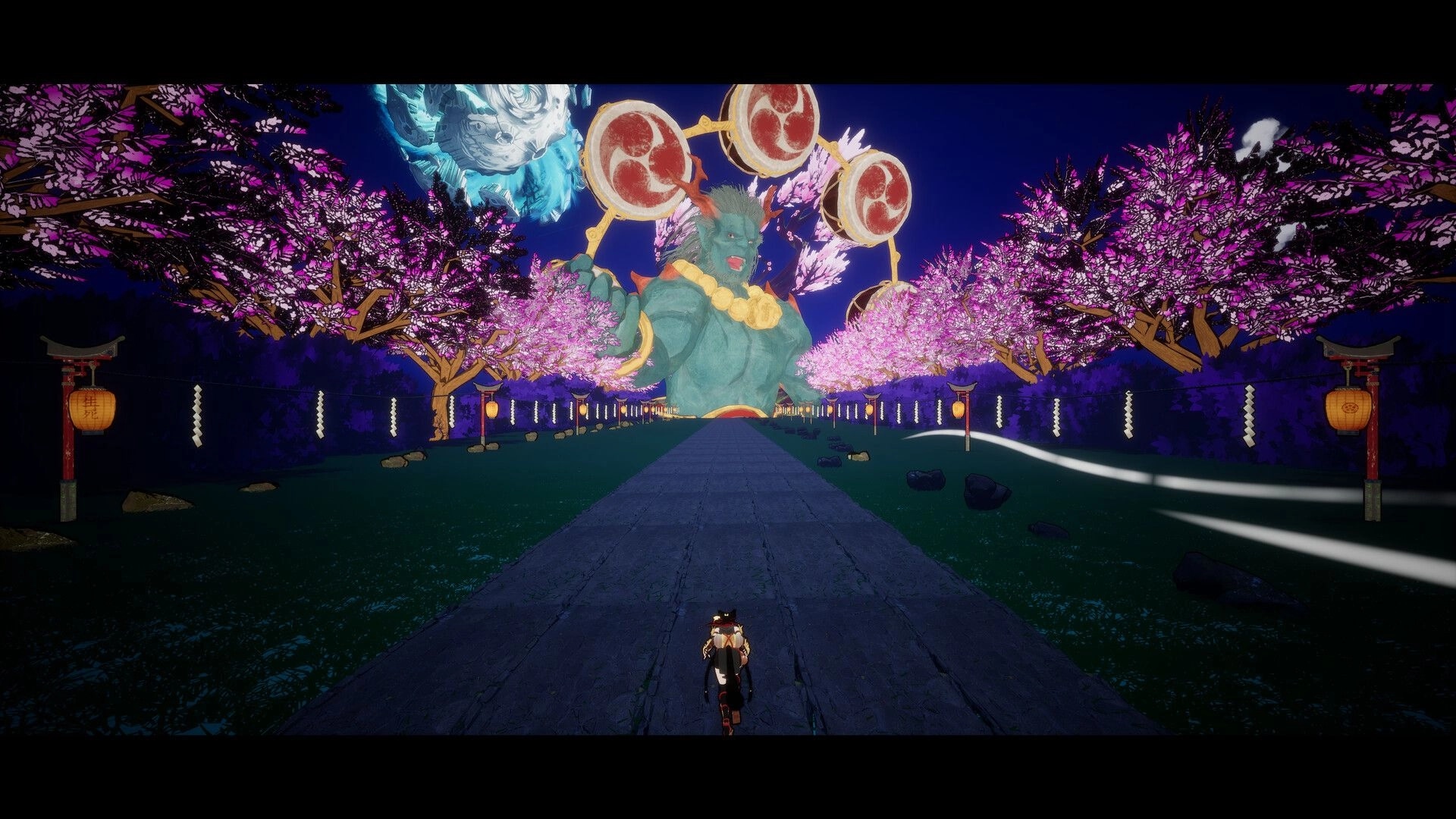 DODGE-AND-RUN!: Ninja sprinting down a shrine path under cherry blossoms toward a giant thunder god statue.