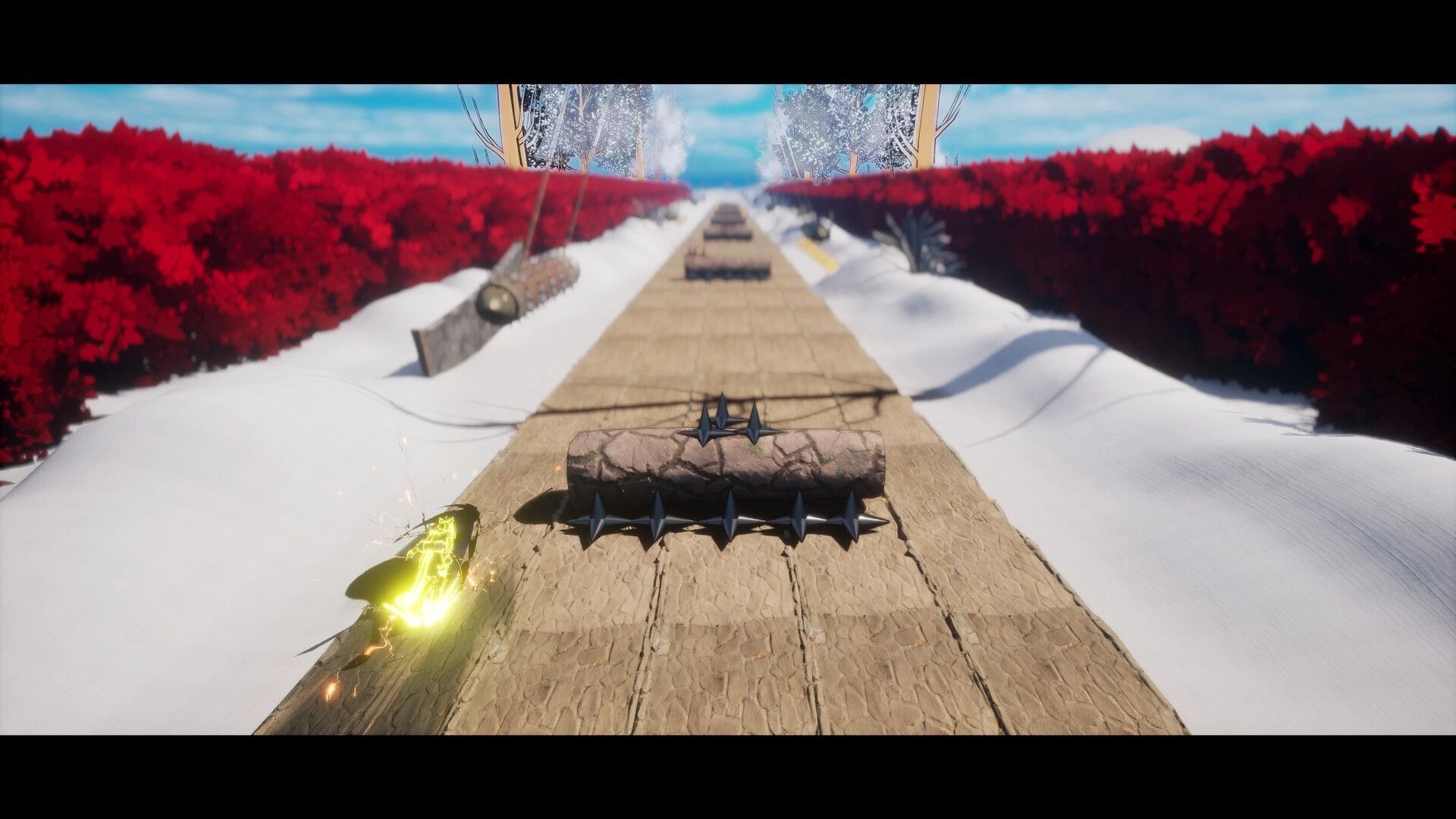 DODGE-AND-RUN!: Ninja dashes past spiked log traps on a snowy path between red hedges.