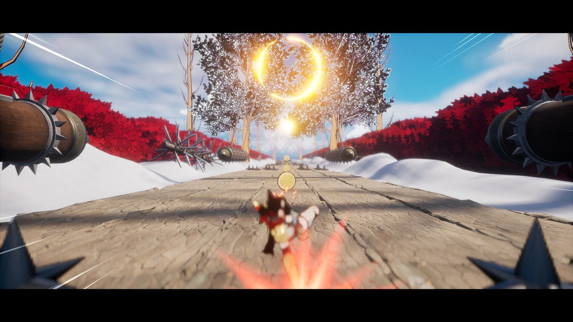 DODGE-AND-RUN!: Ninja dashes for coins past spinning spiked logs on a snowy road with red trees.