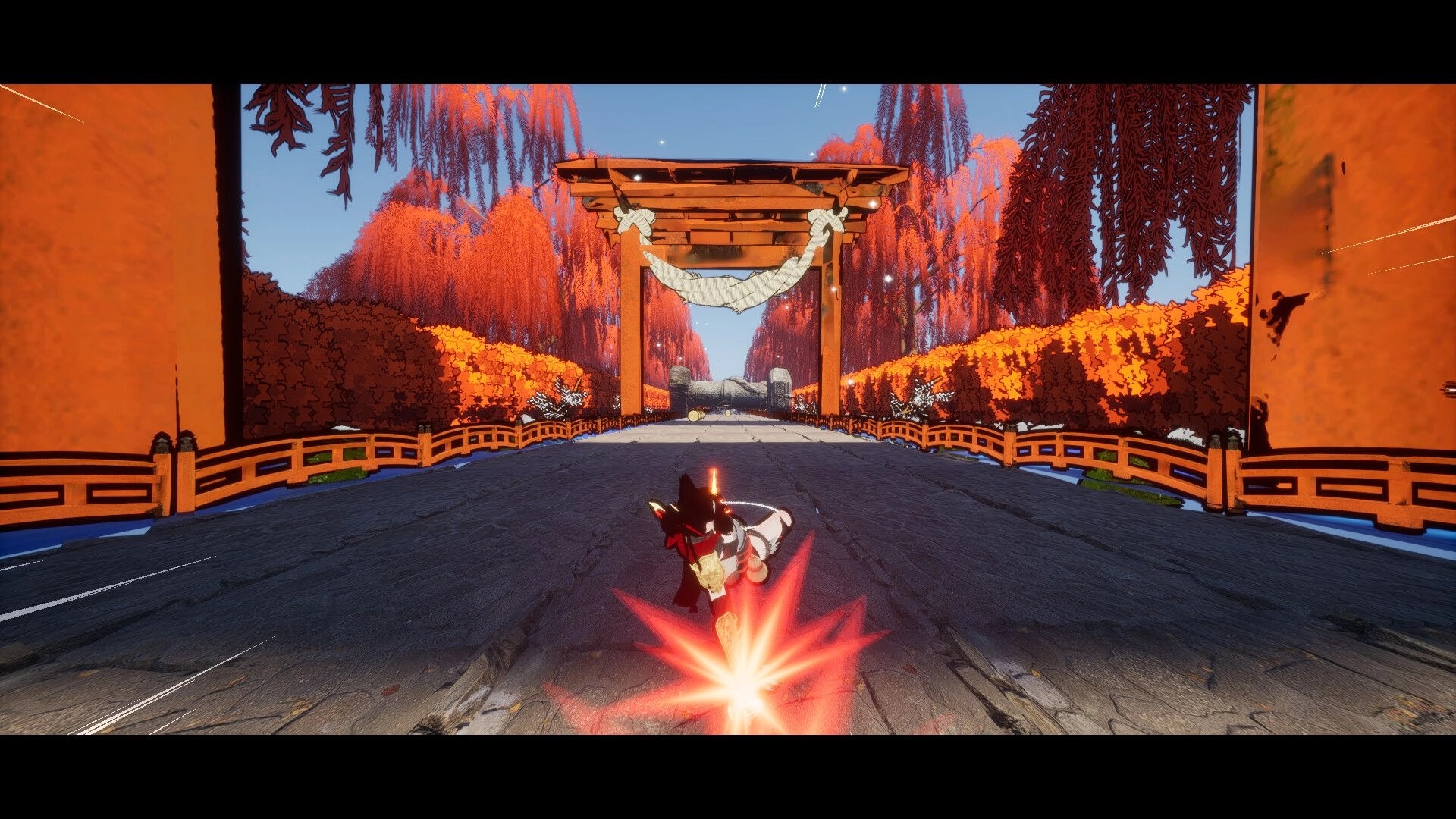DODGE-AND-RUN!: Ninja dashes down a shrine road under a torii gate amid red autumn trees.