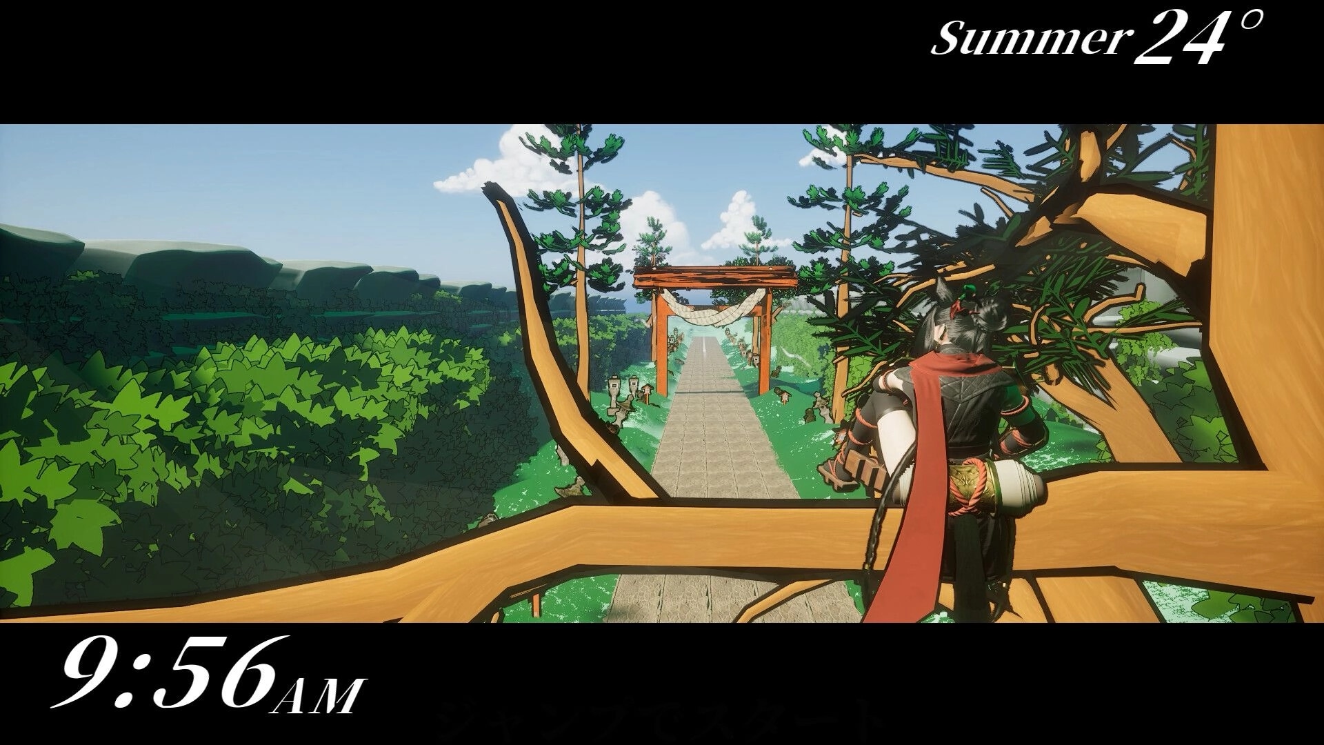 DODGE-AND-RUN!: Ninja stands on a tree branch above a shrine path, Summer 24° and 9:56 AM UI.