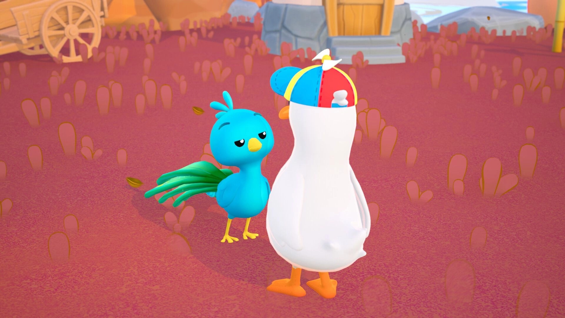 Dodo Duckie: Dodo in magical hat interacts with blue bird in a colorful, grassy field near wooden cart.