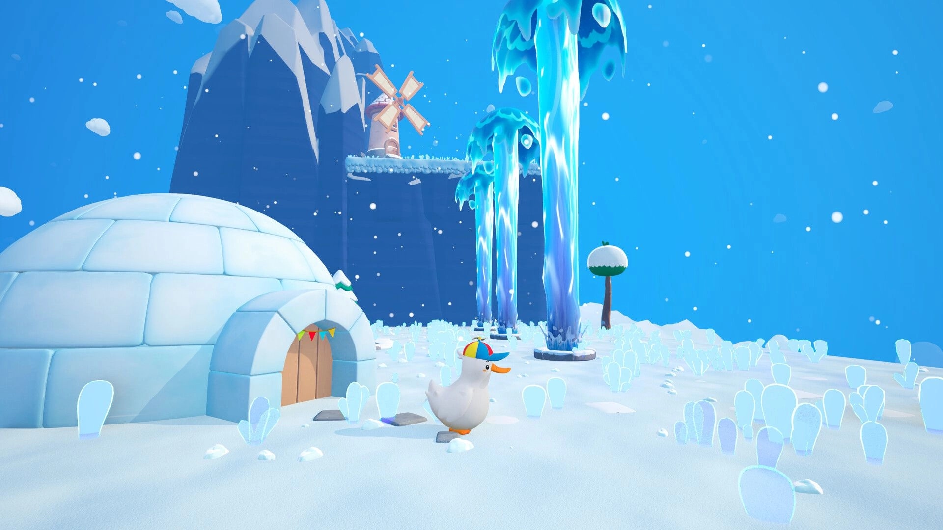 Dodo Duckie: Cute duck wearing a colorful hat walks past igloo and icy trees in snowy landscape.