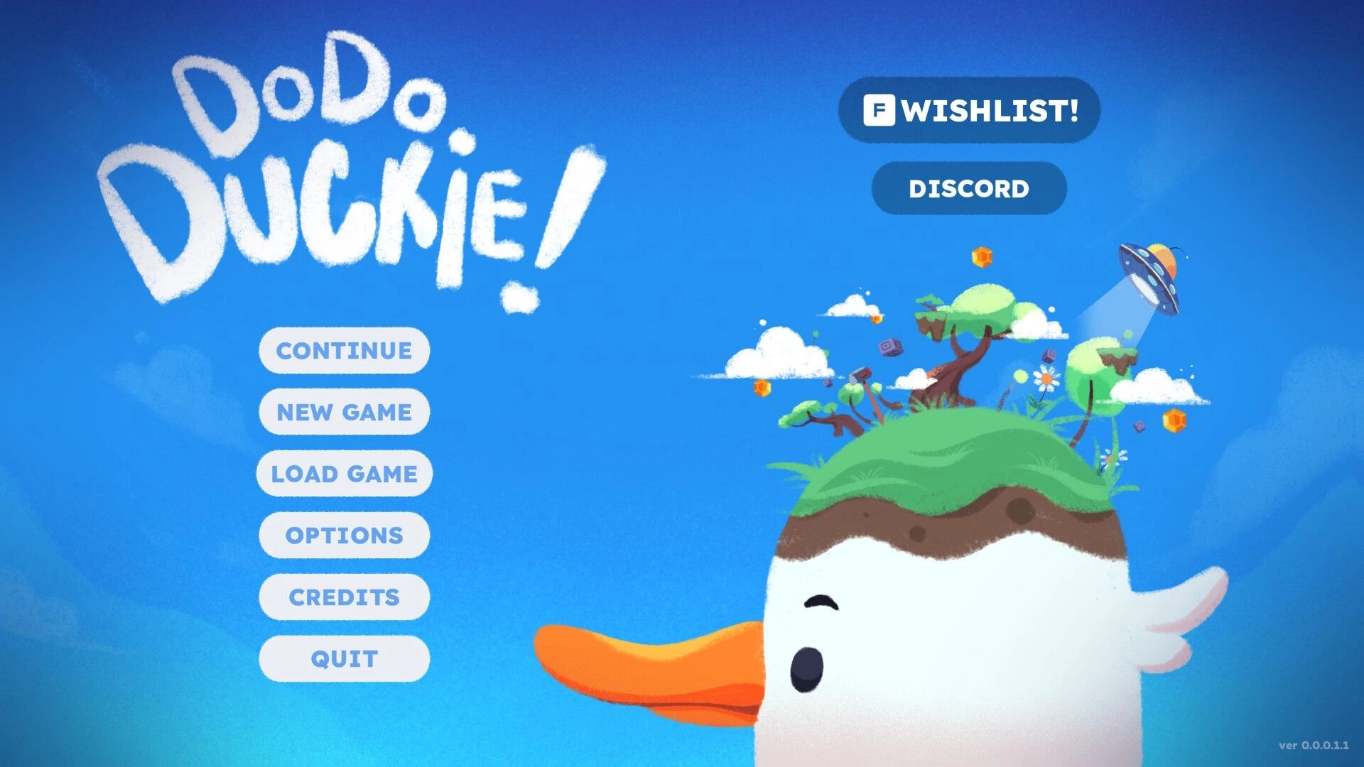 Dodo Duckie: Main menu with continue, new game, and load game options on a bright blue sky background