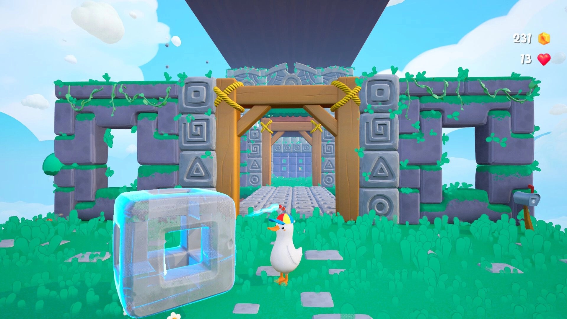 Dodo Duckie: Duckie near ancient stone gate with floating block, colorful health and coin counters visible