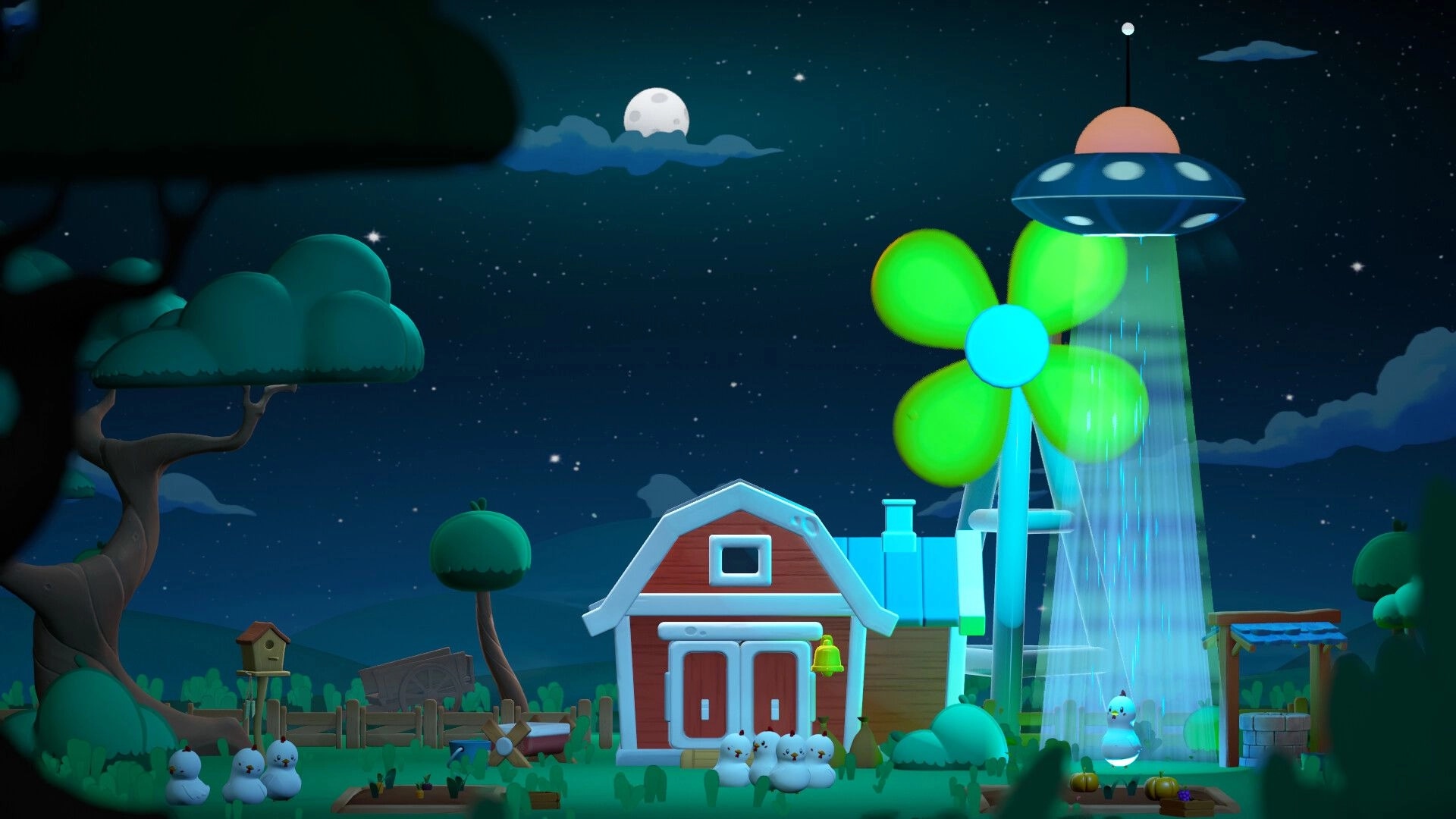 Dodo Duckie: UFO beaming light on farm with ducks, barn, and trees under a starry night sky