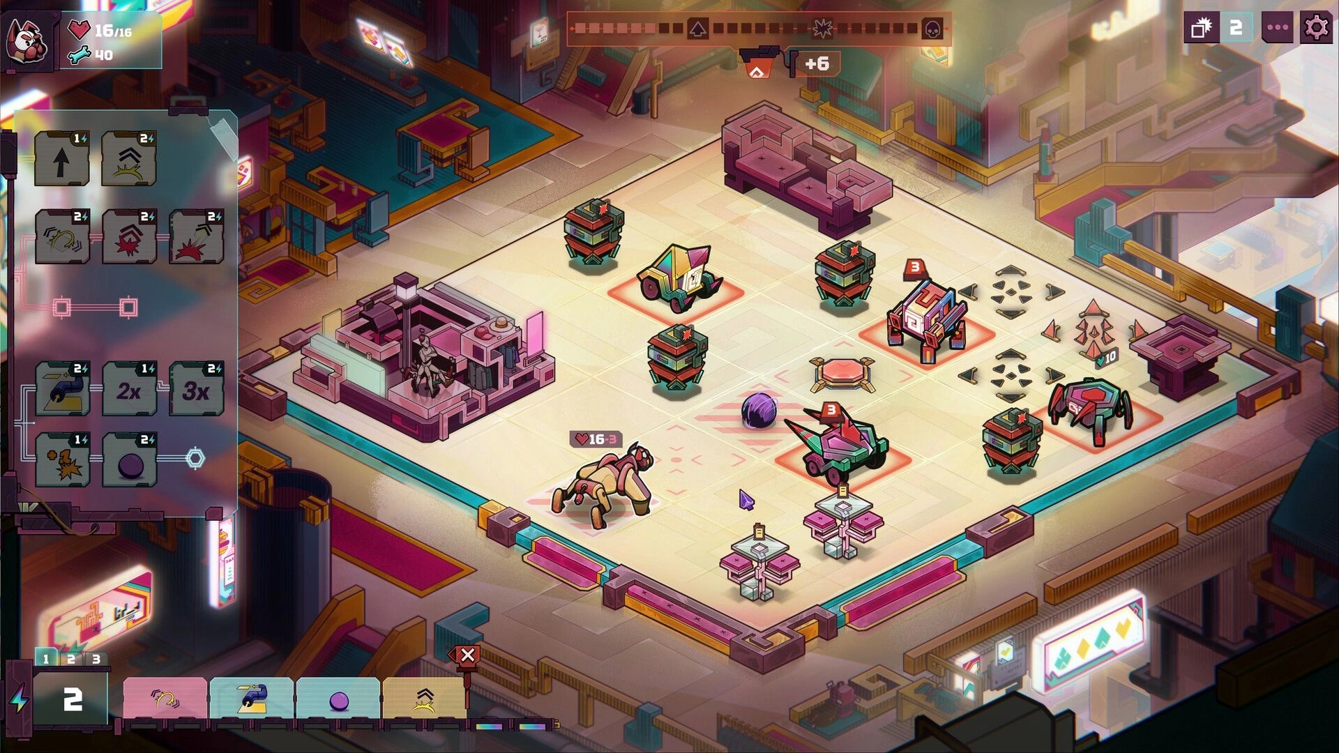 Dog in the Machine: Turn-based grid battle with AutoDog and robots in a neon city plaza, card UI open.