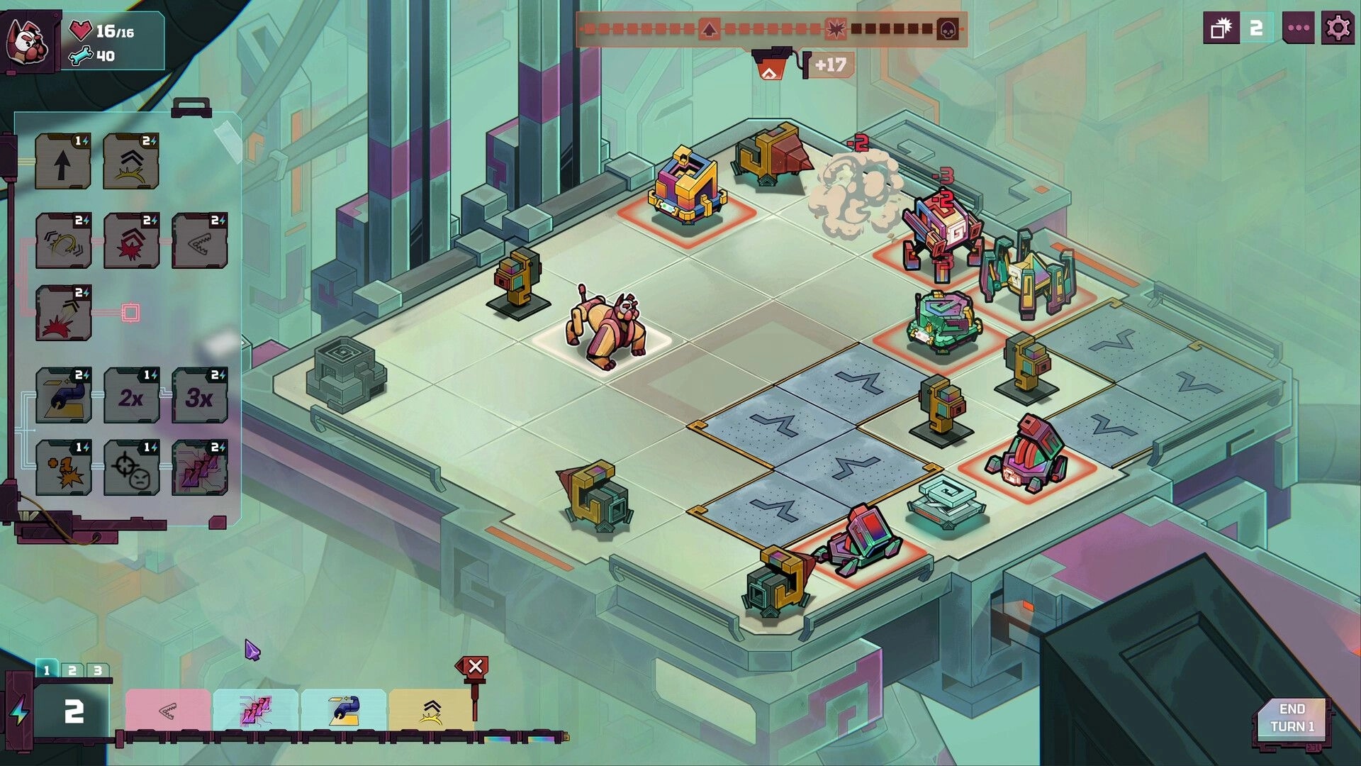 Dog in the Machine: Robodog on grid battlefield with enemy bots, card actions UI, and damage bursts on rooftop.