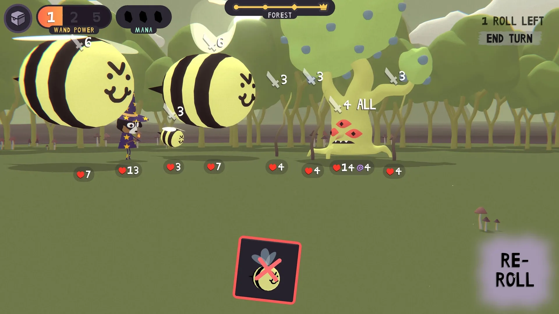 DOG WITCH: Combat with giant bees and tree monster in forest, player has wand power and mana visible.