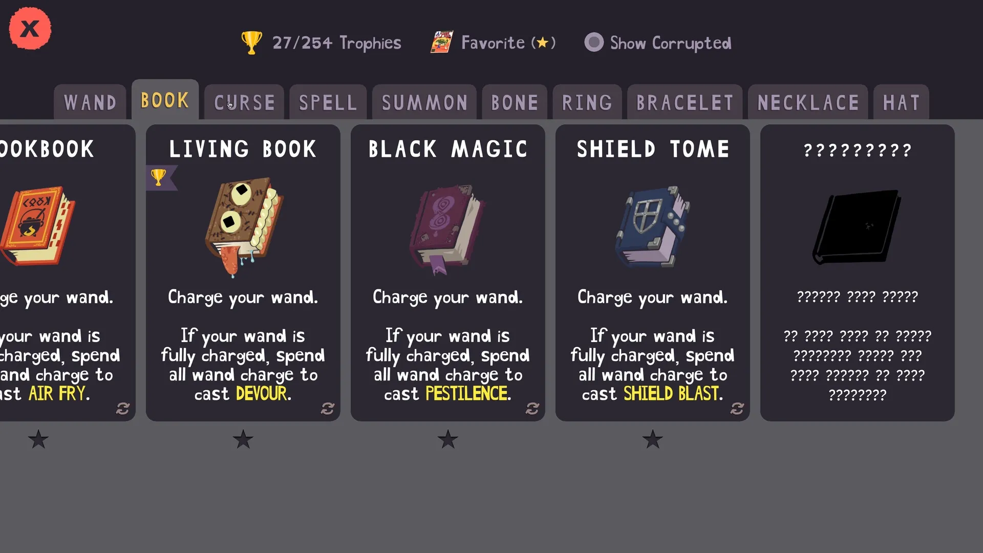 DOG WITCH: Book selection screen displaying various magical tomes with unique spell effects