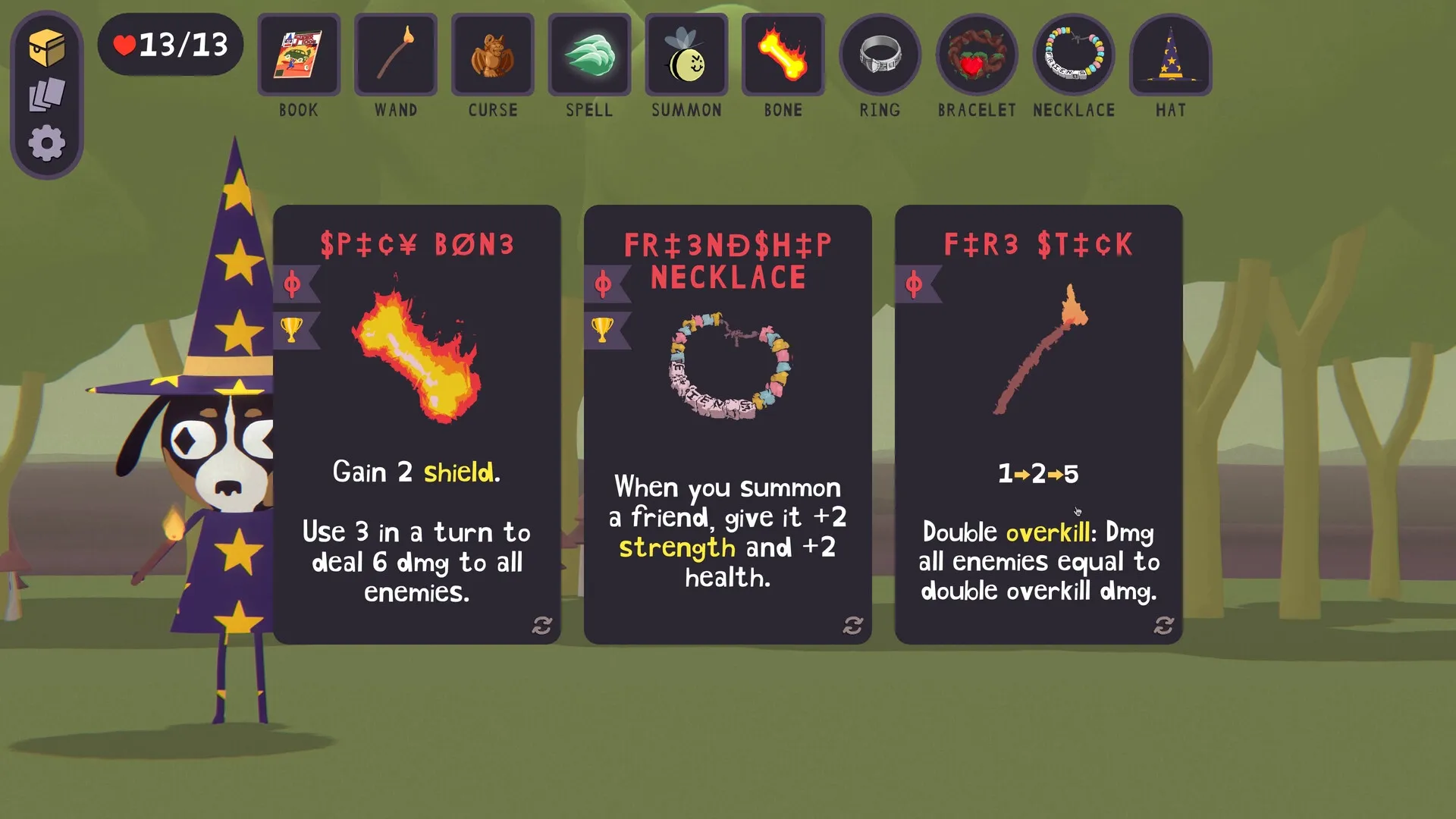 DOG WITCH: Dog character examines item cards with enchanted dice in a forest setting.