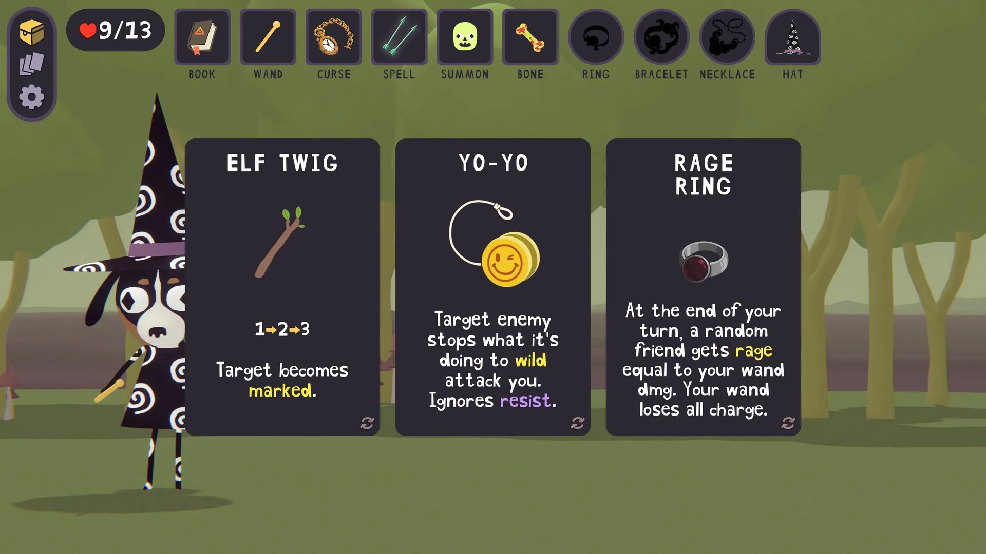 DOG WITCH: Character in patterned robe reviews Elf Twig, Yo-Yo, and Rage Ring cards in forest setting.