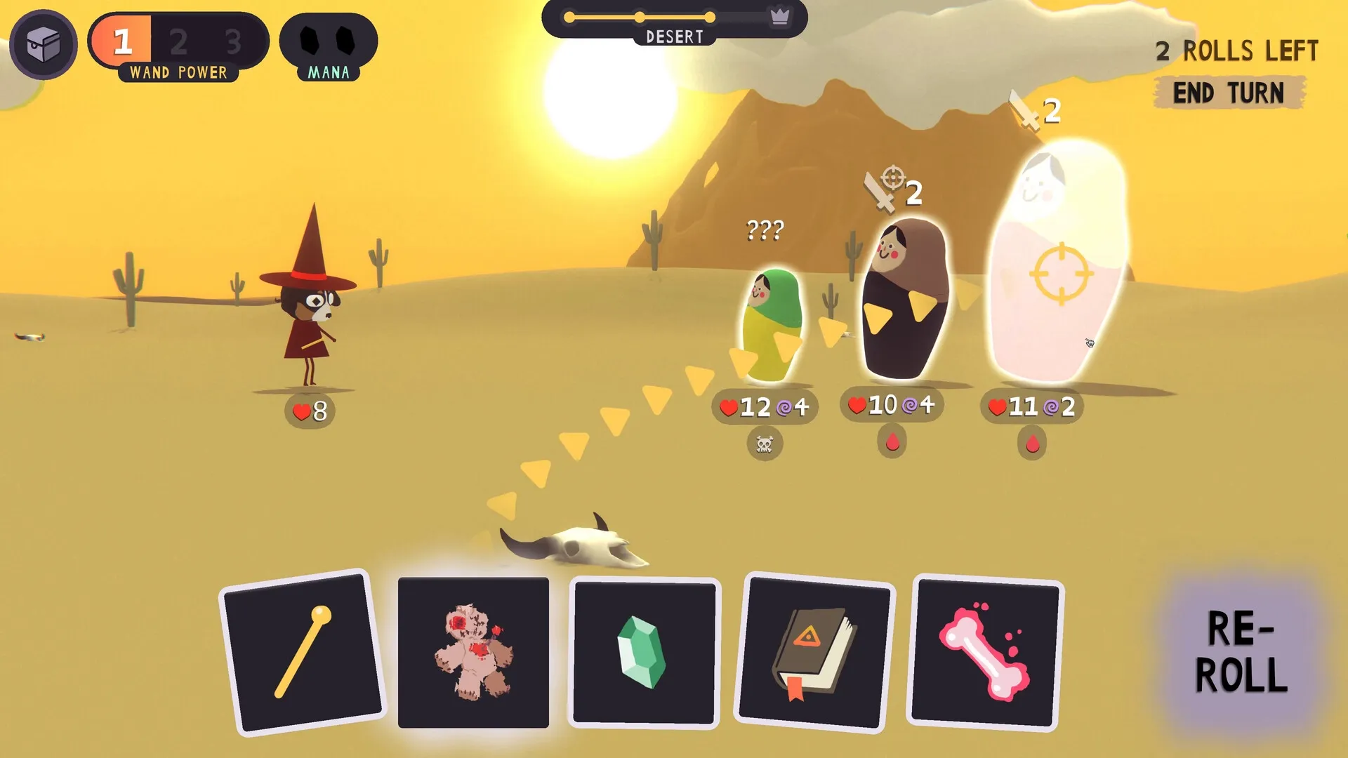 DOG WITCH: Player dog witch faces three foes in a desert setting, with spells and dice in hand.