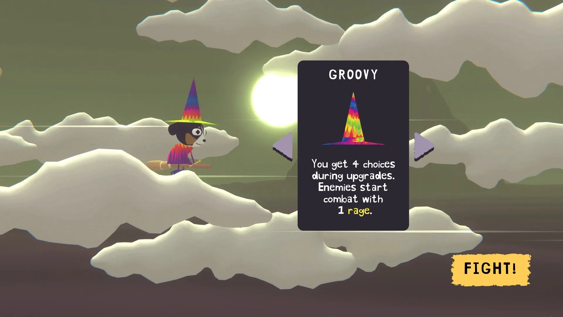 DOG WITCH: Dog on broomstick in cloudy sky, upgrade card "GROOVY" displayed, "FIGHT!" button visible.