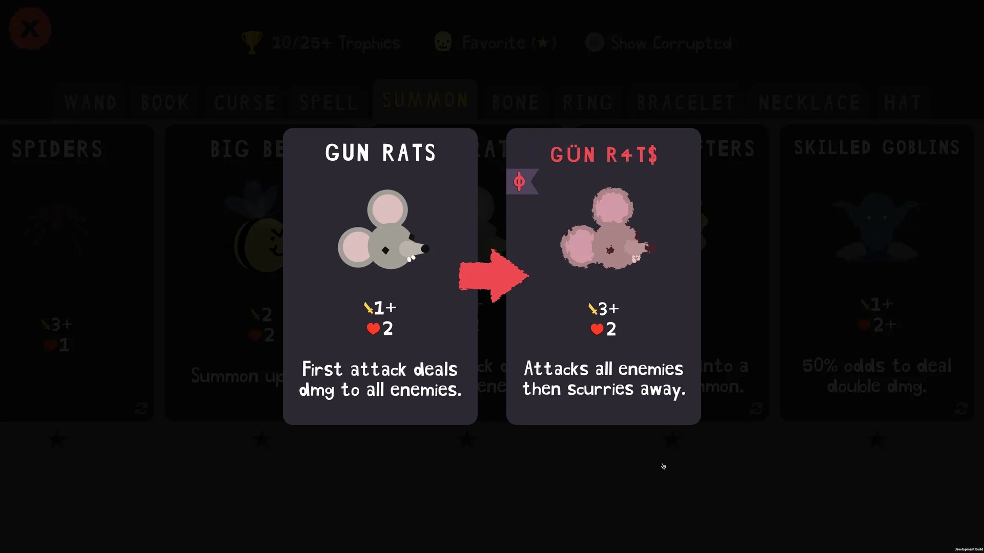 DOG WITCH: Summon upgrade screen showing transformation of Gun Rats with increased attack power.