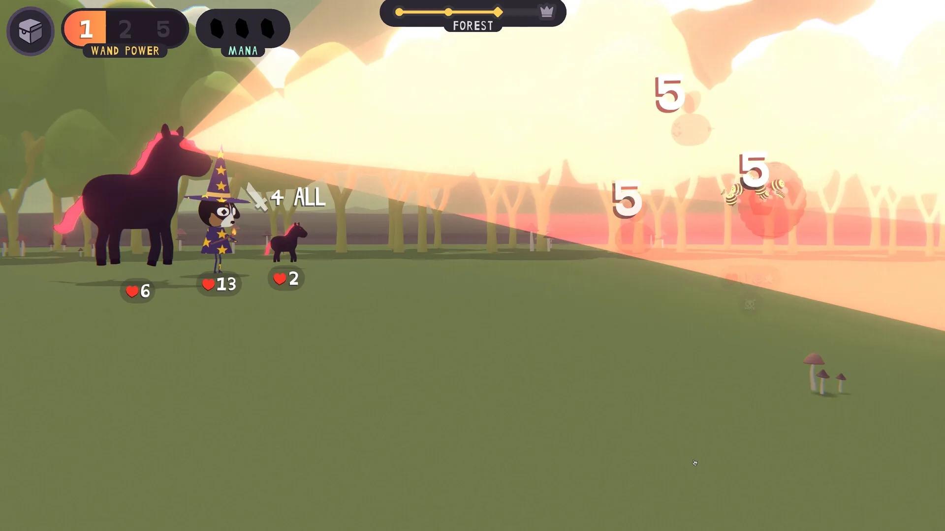 DOG WITCH: A dog witch and minions in combat with glowing bees in a sunlit forest clearing.