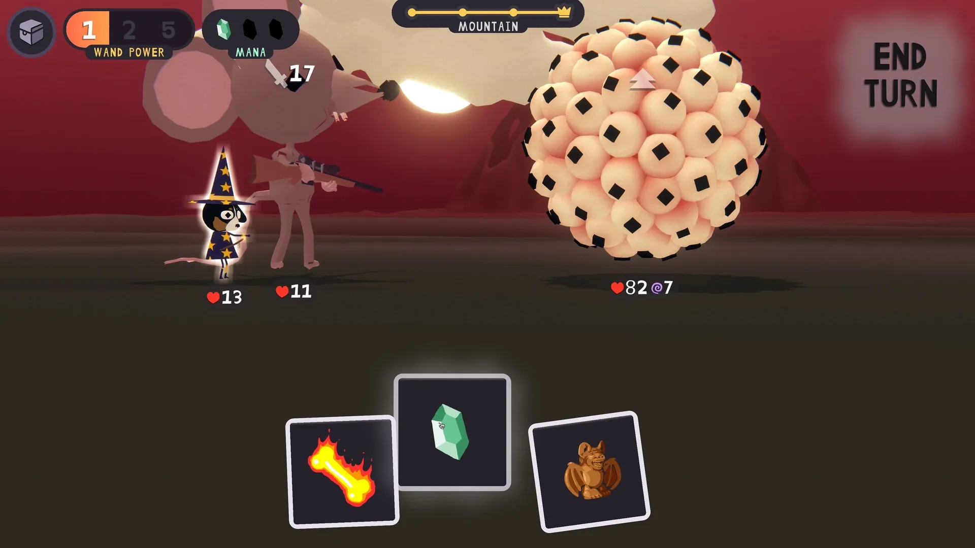 DOG WITCH: Wizard dog and ally face giant foe in mountain arena with spell cards below.