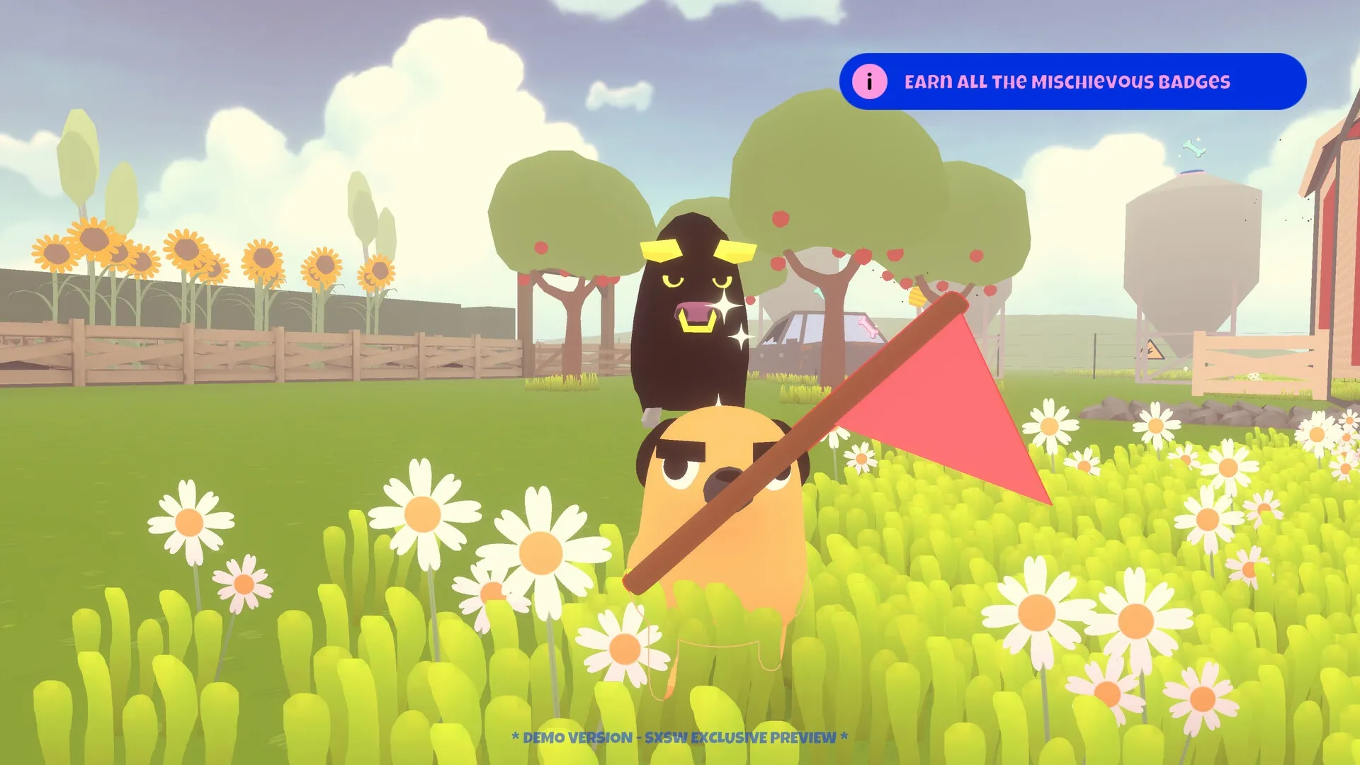 Doggy Don't Care: Mischievous dog with red flag in sunny field, bull in background, badge goal shown