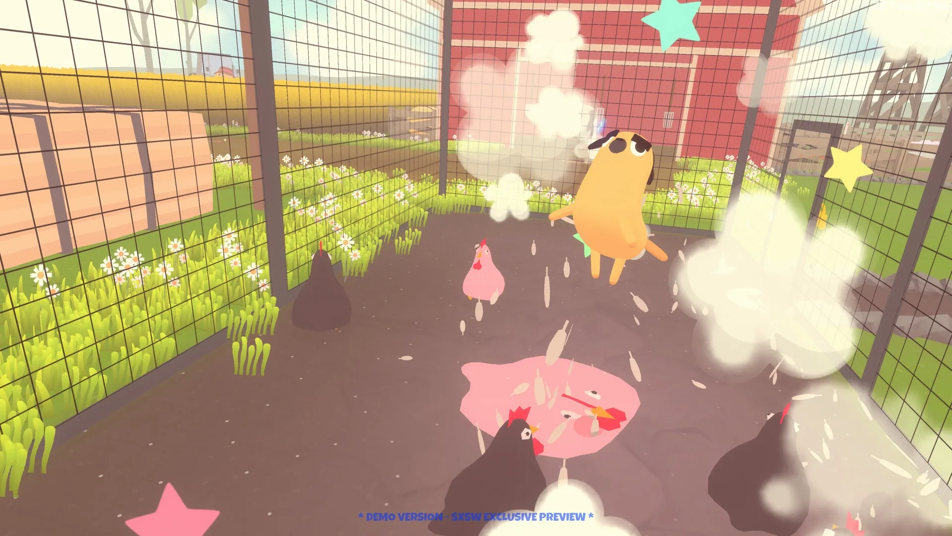 Doggy Don't Care: Mischievous dog jumping in chicken coop, feathers flying, colorful farm background