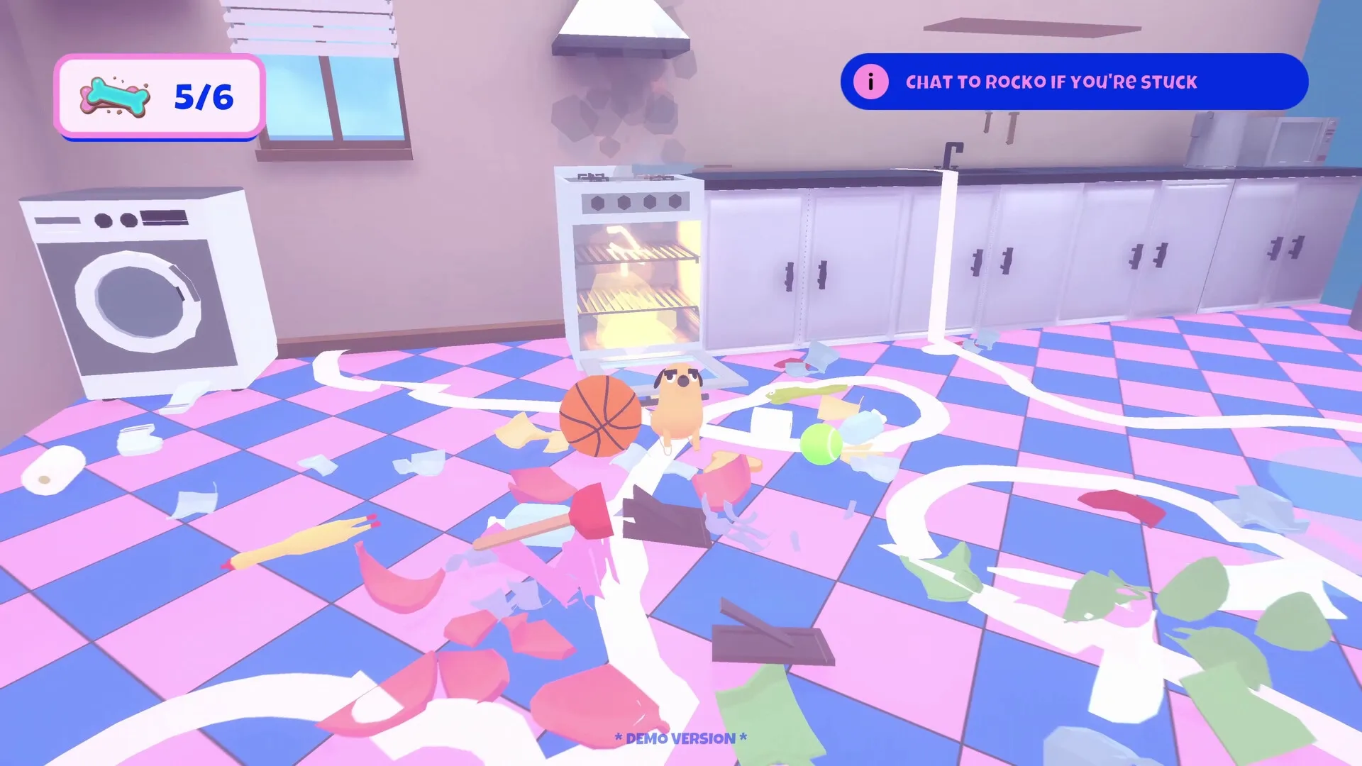 Doggy Don't Care: Mischievous dog surrounded by mess in colorful kitchen with burning oven nearby