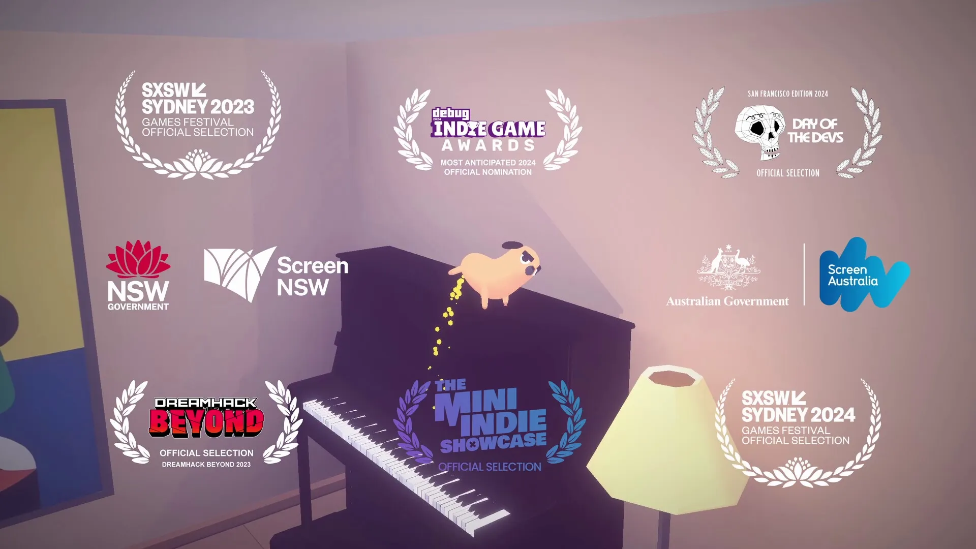 Doggy Don't Care: Mischievous dog peeing on piano in cozy room, surrounded by award logos.