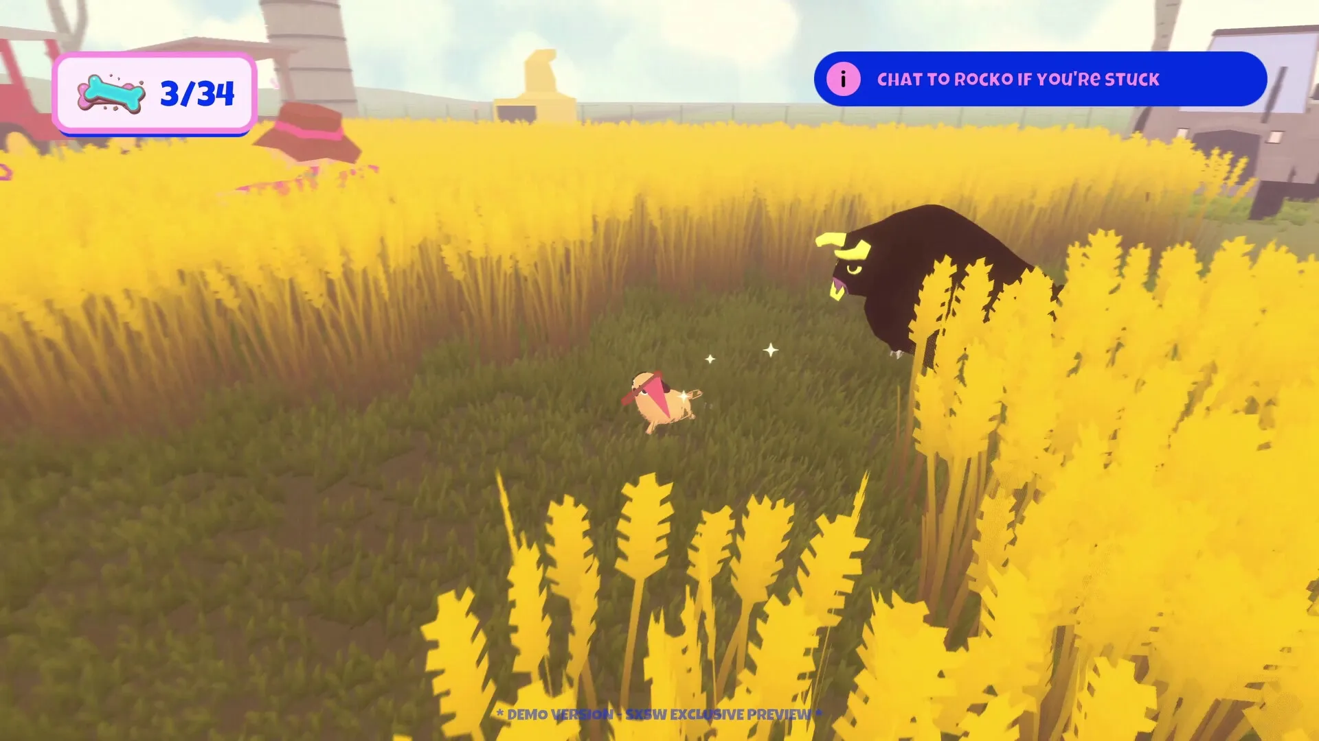 Doggy Don't Care: Mischievous dog facing a bull in a sunny field with bone counter at 3/34