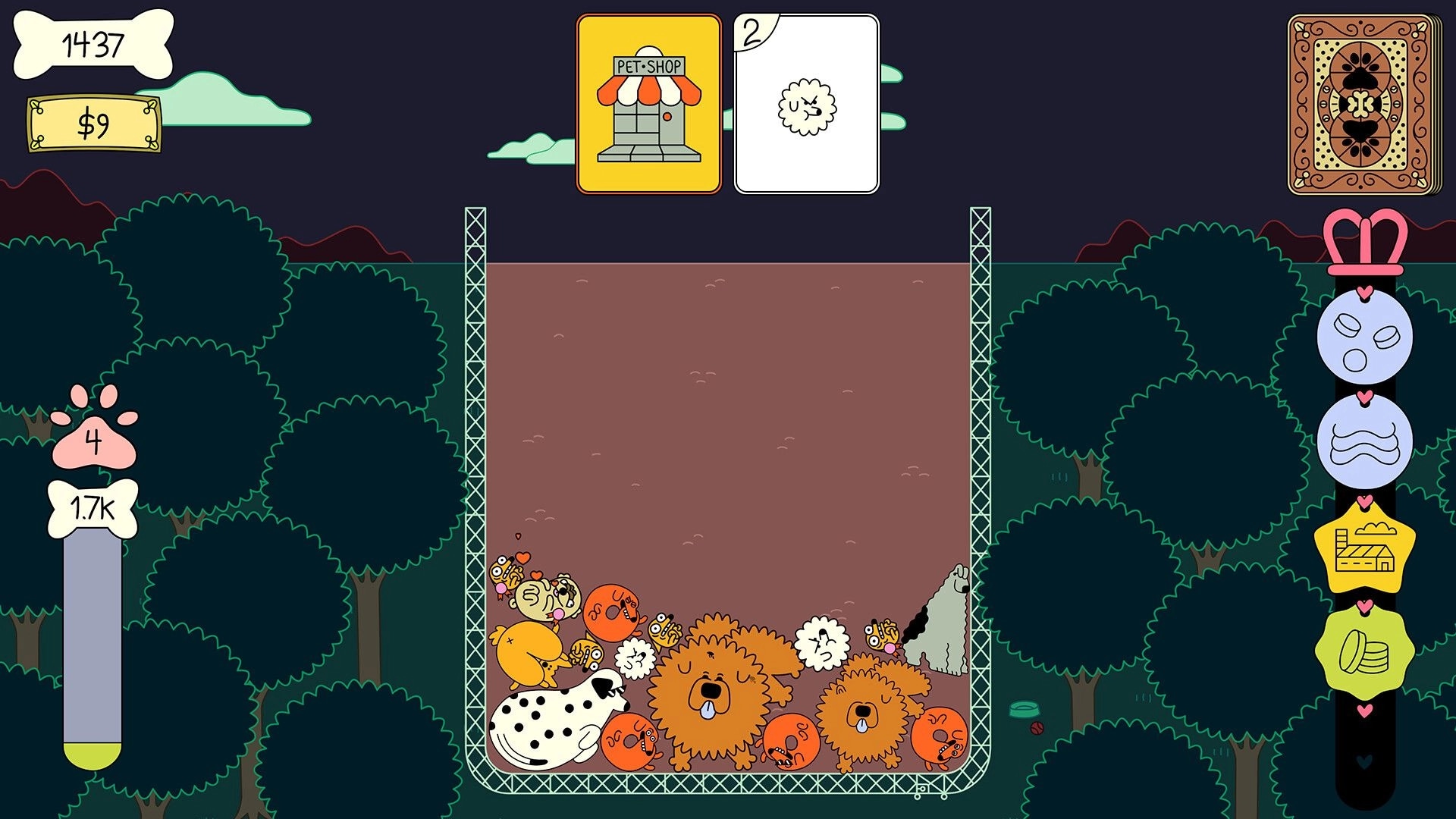 Dogpile: Dogs merge in pit with UI showing pet shop card, currency, and upgrade options in forest setting.