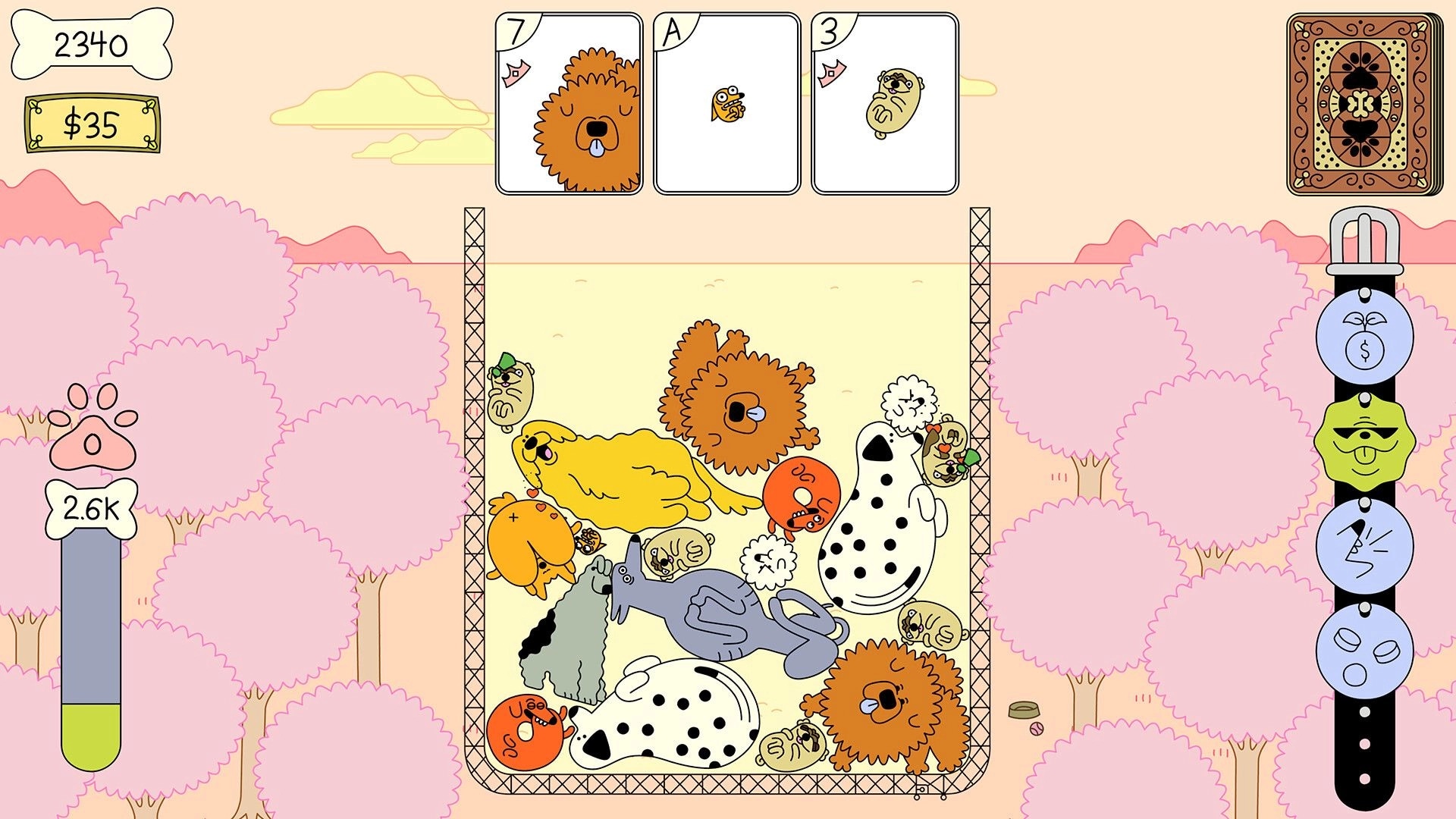 Dogpile: Various dogs in a fenced area with UI elements including score, money, and deck options visible.
