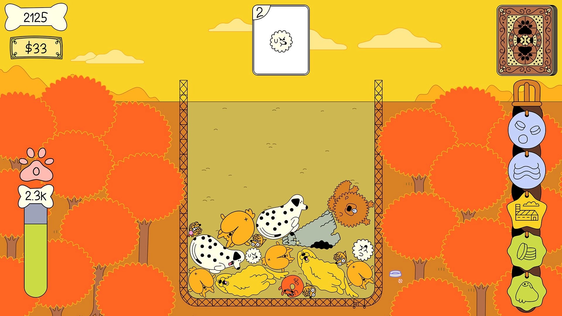 Dogpile: Dogs merging in a fenced area with a vibrant orange forest and UI elements on the sides