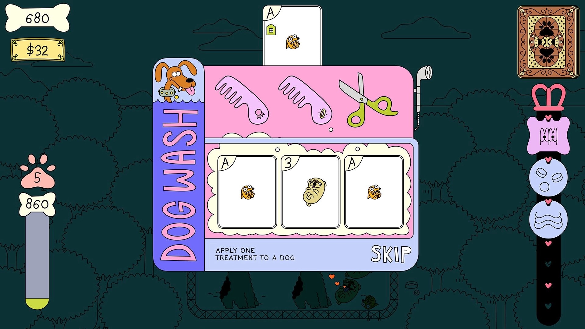 Dogpile: Dog Wash interface with dog cards and grooming tools in a forest setting, currency at the top.
