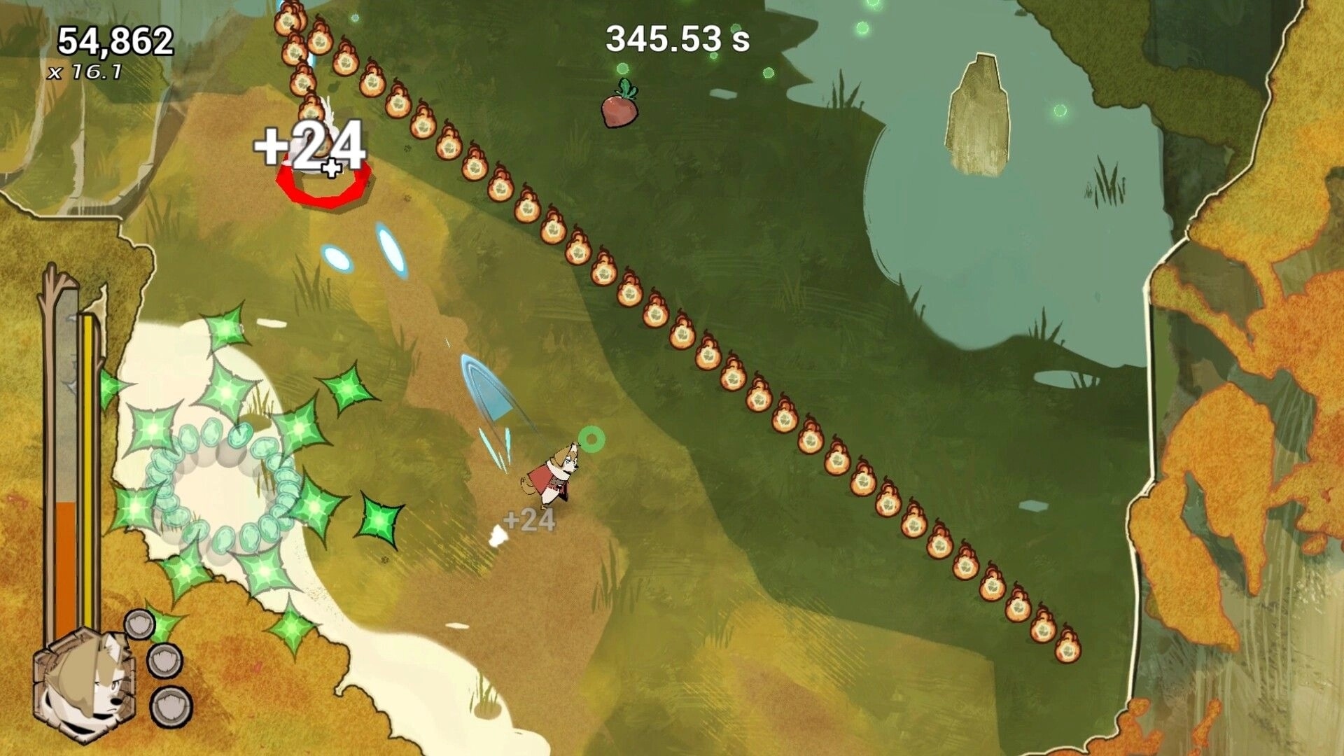 Dogwood: Pup dashes by a pond as score and timer UI track pickups and swirling green effects nearby.
