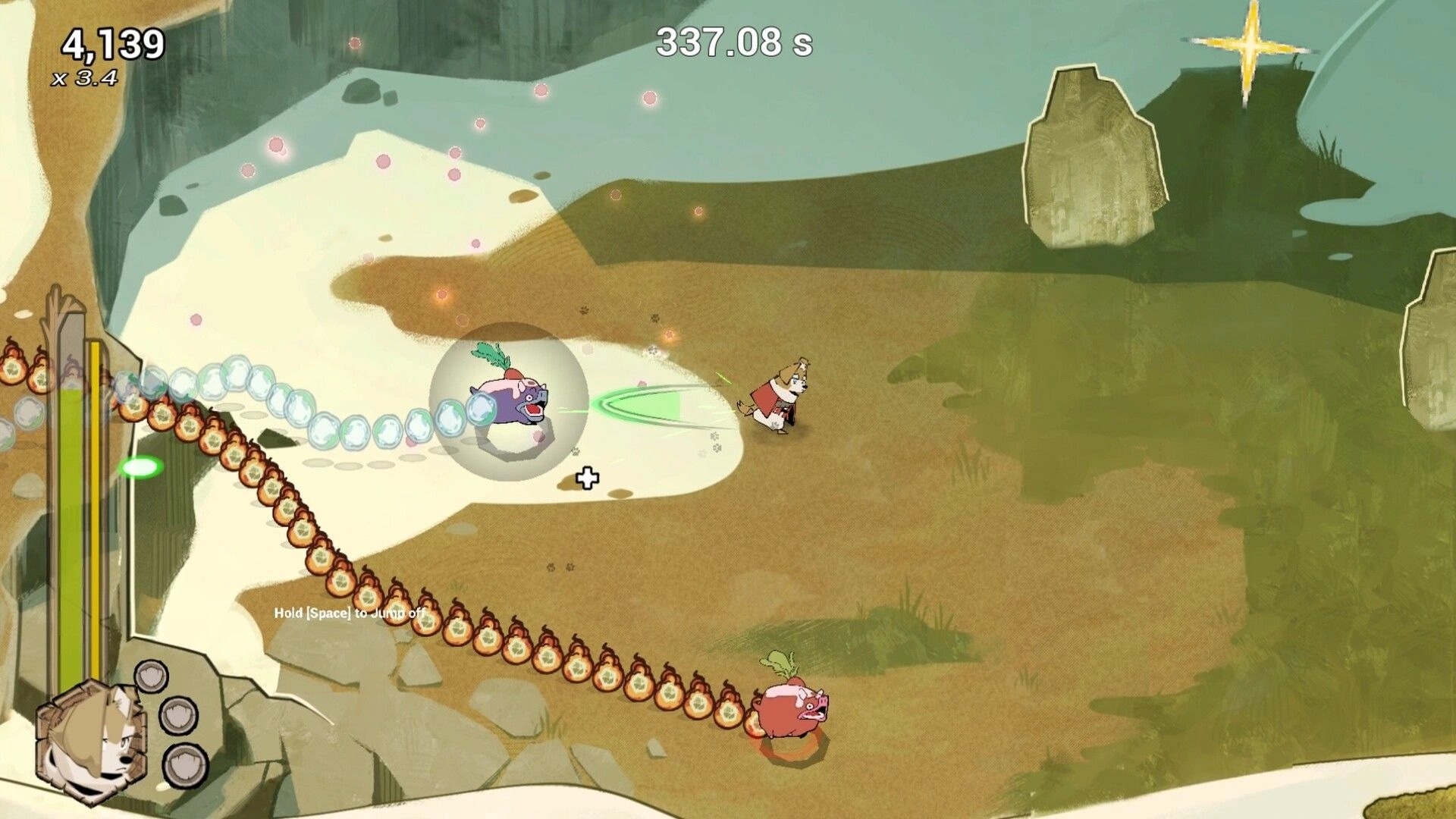 Dogwood: Pup dodges boar projectiles in snowy field, score and timer UI at top, combo left.