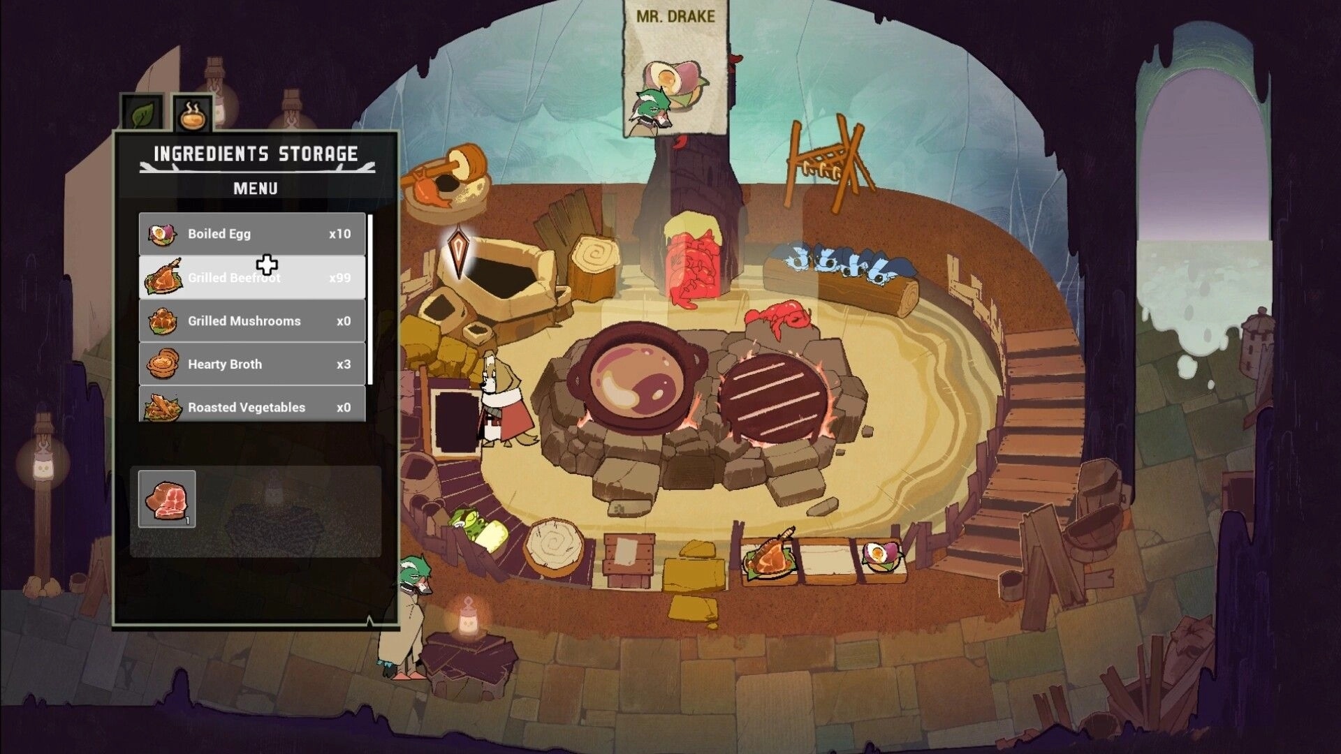 Dogwood: Ingredients Storage menu open beside a round kitchen with stew pot, grill, and crabs.