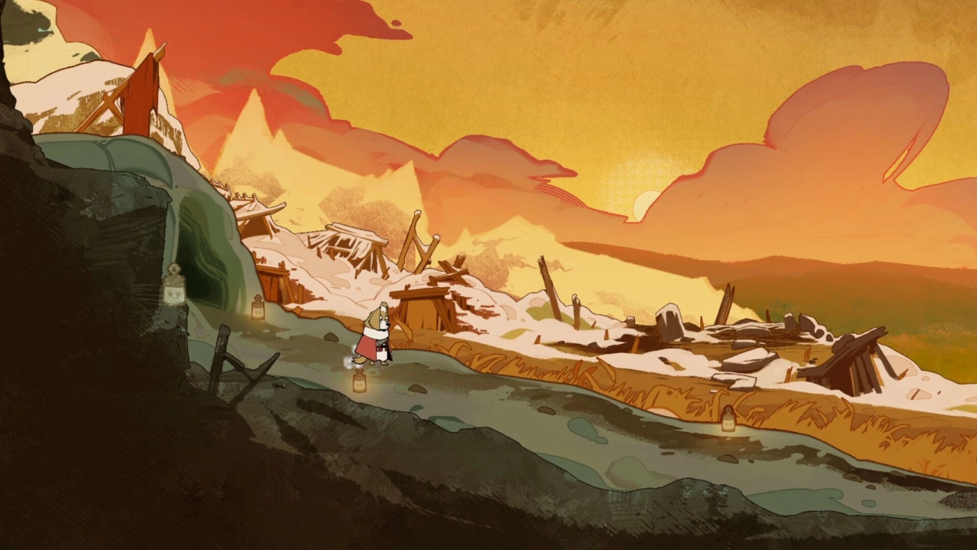 Dogwood: Hooded dog character walks a lantern-lit path past snowy ruins under an orange sunset sky.