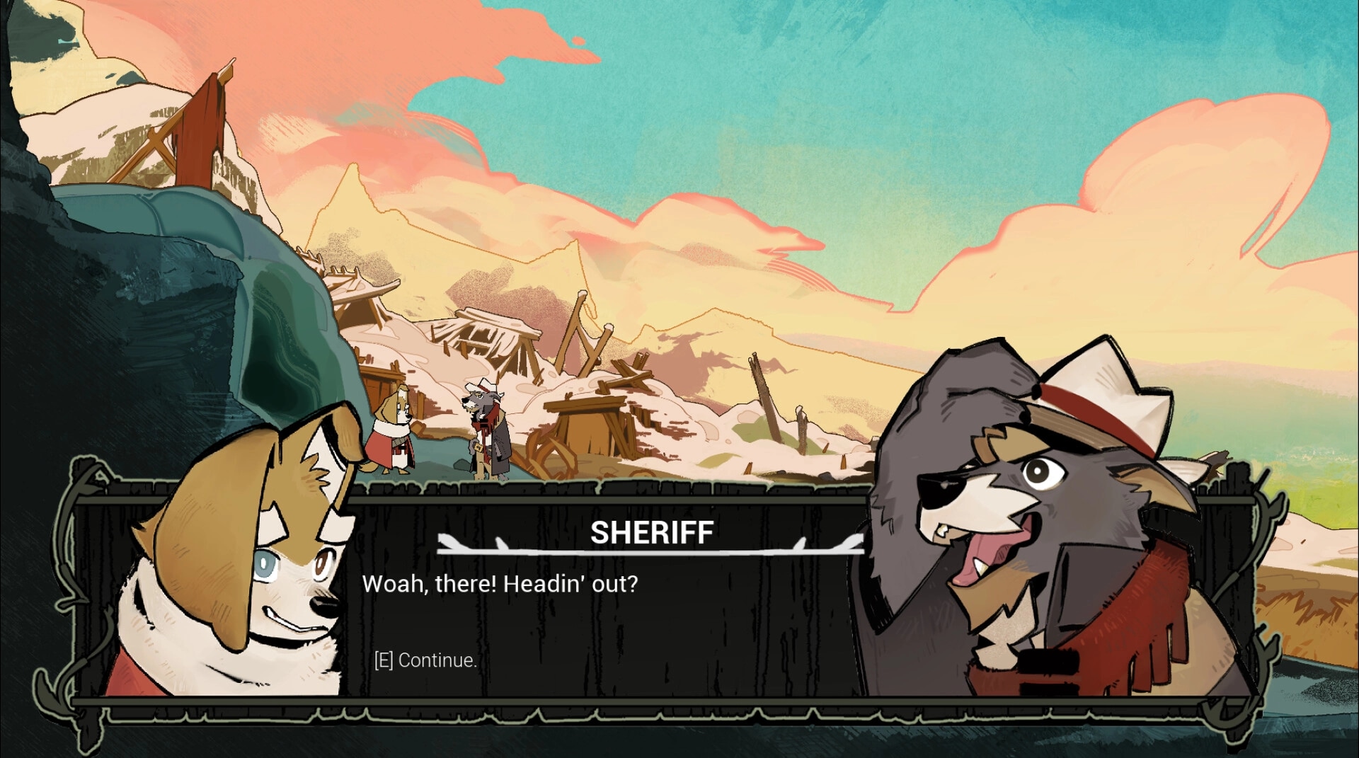 Dogwood: Dialogue with Sheriff and dog hero on snowy ruins path under pastel sky, press E to continue.