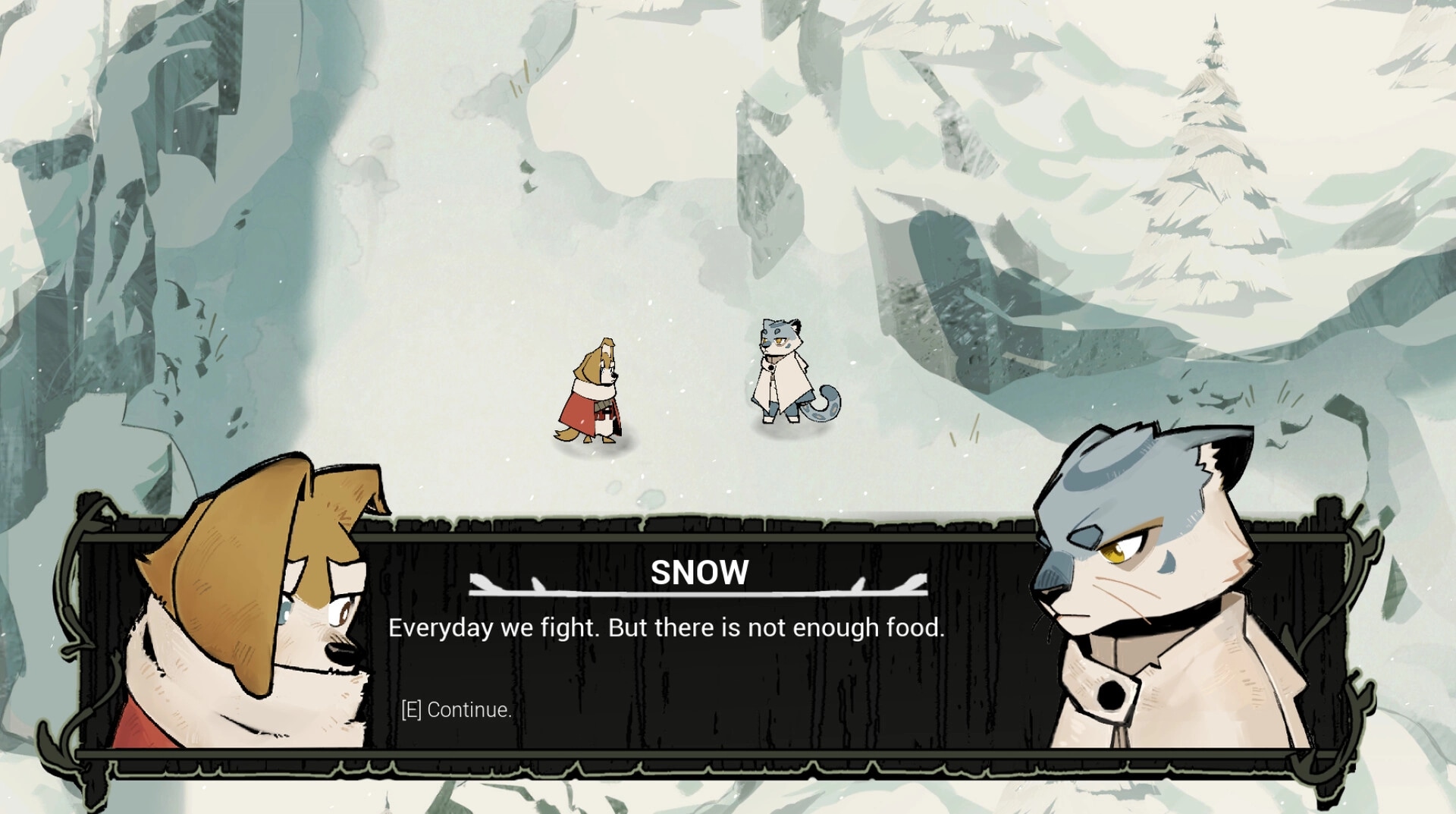 Dogwood: Dialogue with Snow between two animal characters on a snowy forest path, text box UI open.