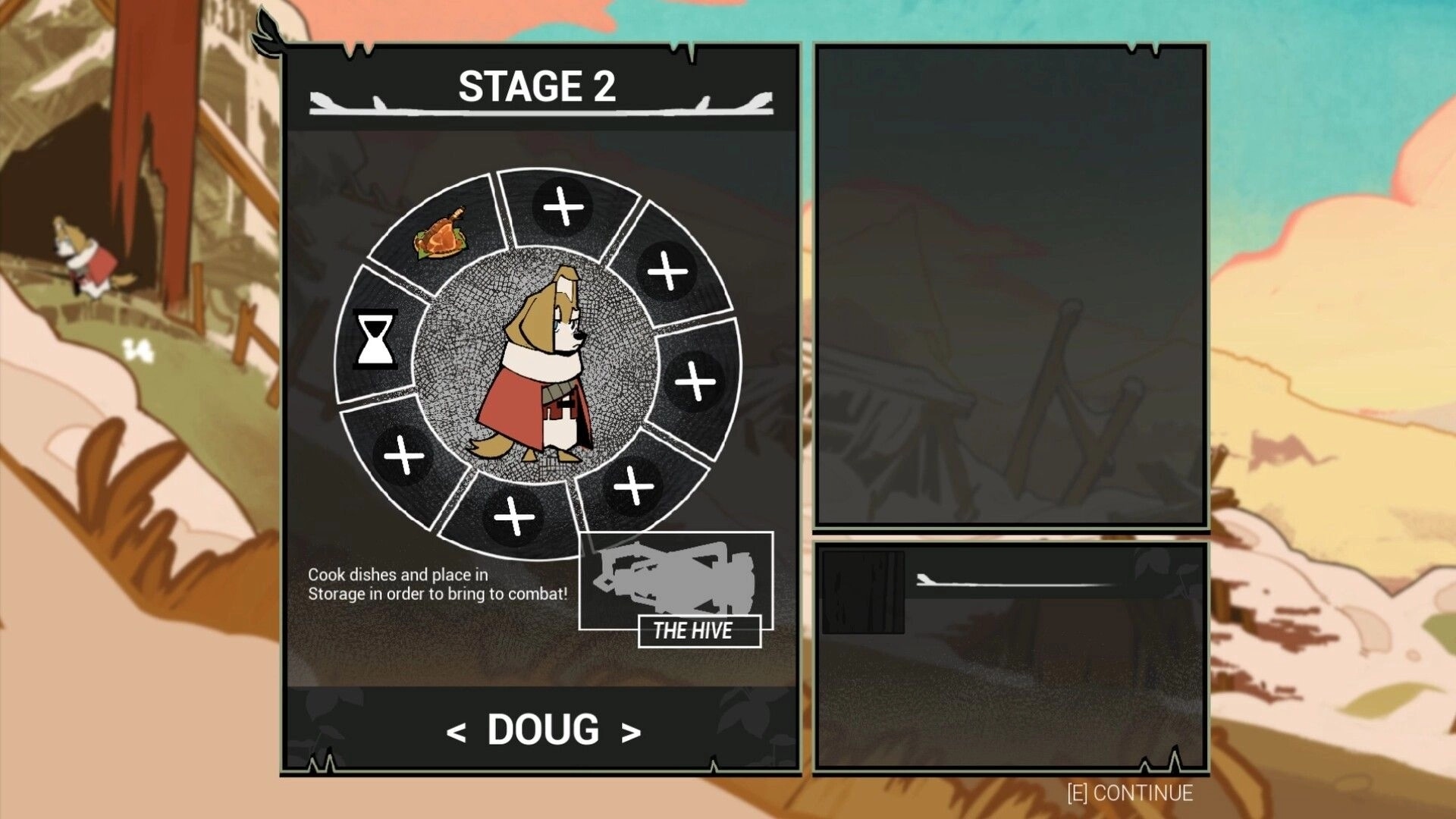 Dogwood: Stage 2 loadout screen with Doug and radial storage slots, The Hive mission selected UI.
