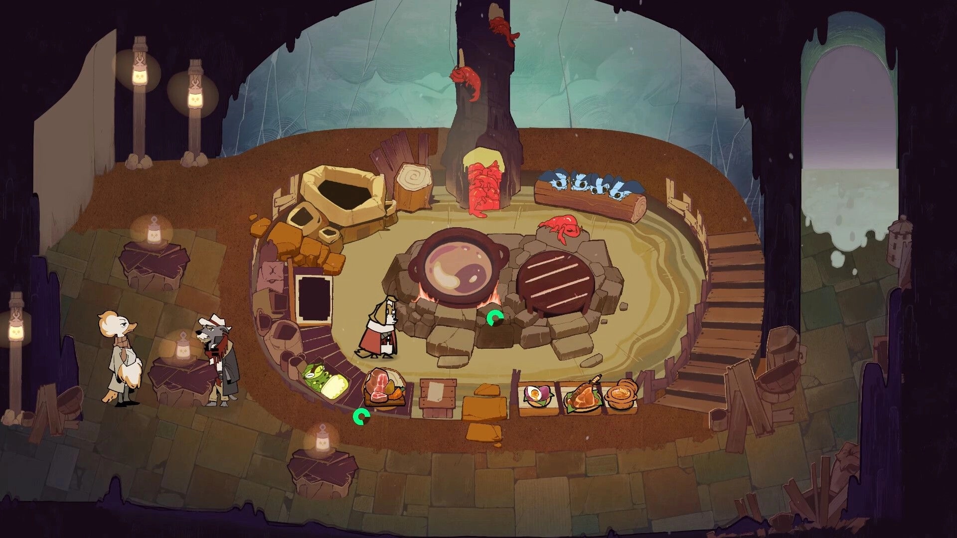 Dogwood: Overhead kitchen with pot and grill, plated meals on counter, two NPCs at tables in cave restaurant.