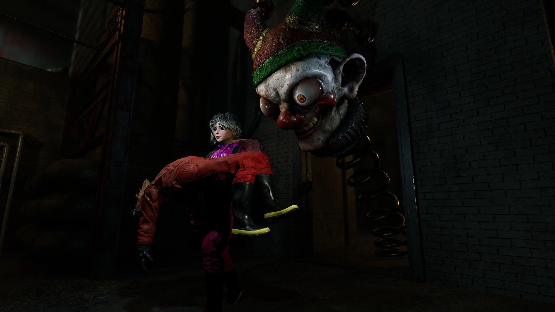 Dollhouse of Dead: Character carries teammate while giant clown head emerges in dim factory hallway.
