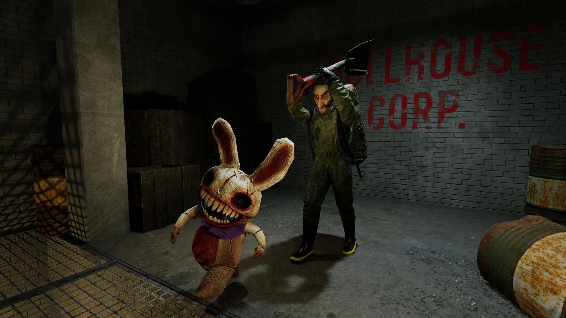Dollhouse of Dead: Player with axe confronts creepy toy rabbit in dimly lit factory basement.