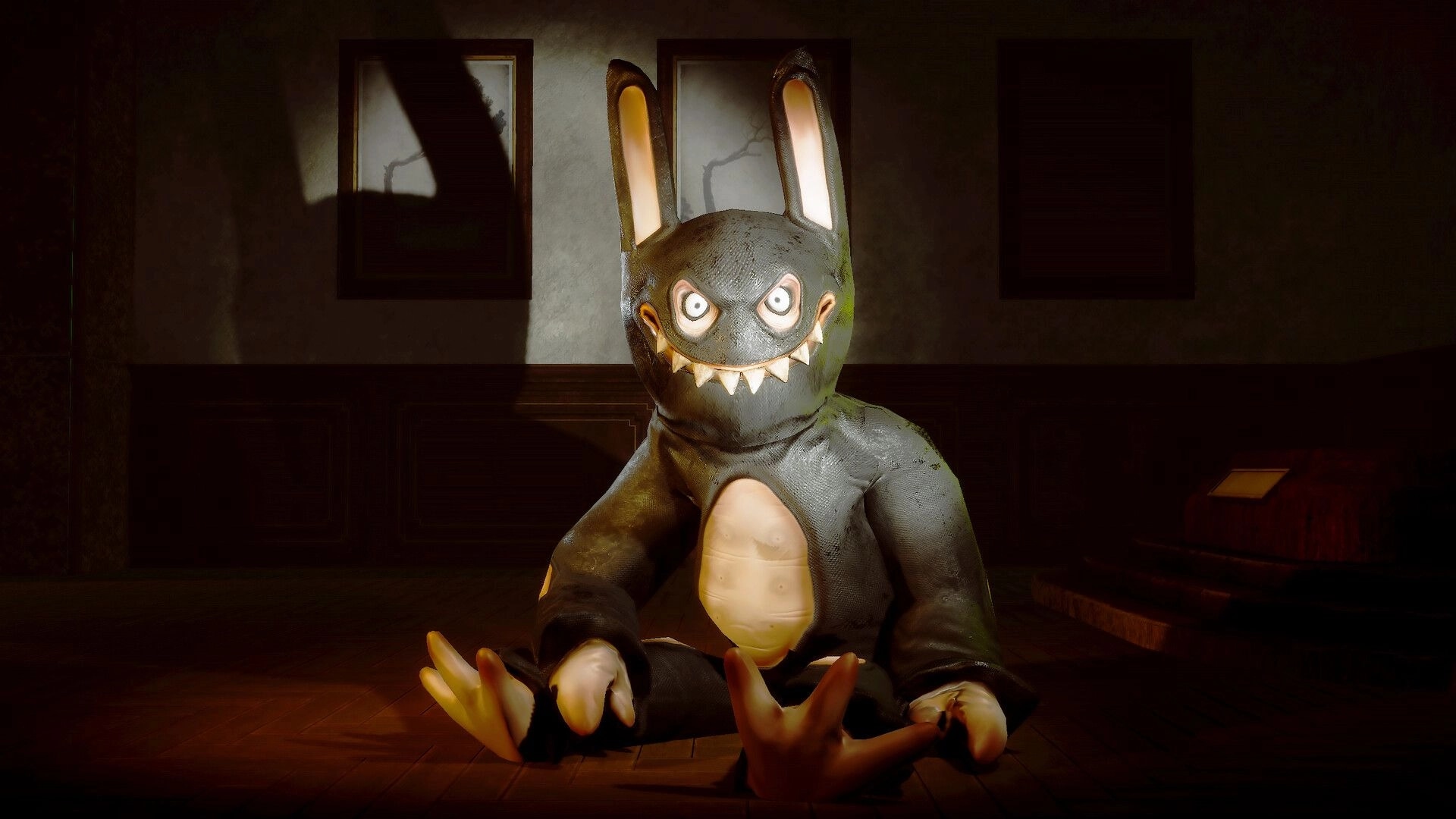 Dollhouse of Dead: Sinister rabbit toy sits menacingly in dimly lit factory room with shadowy walls